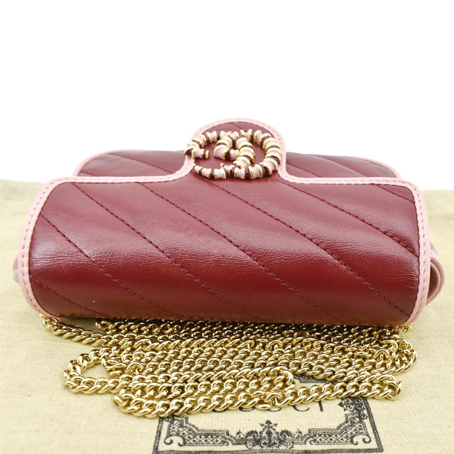 GUCCI Vintage Effect Super Mini GG Marmont Diagonal Leather Shoulder Bag Red 574969