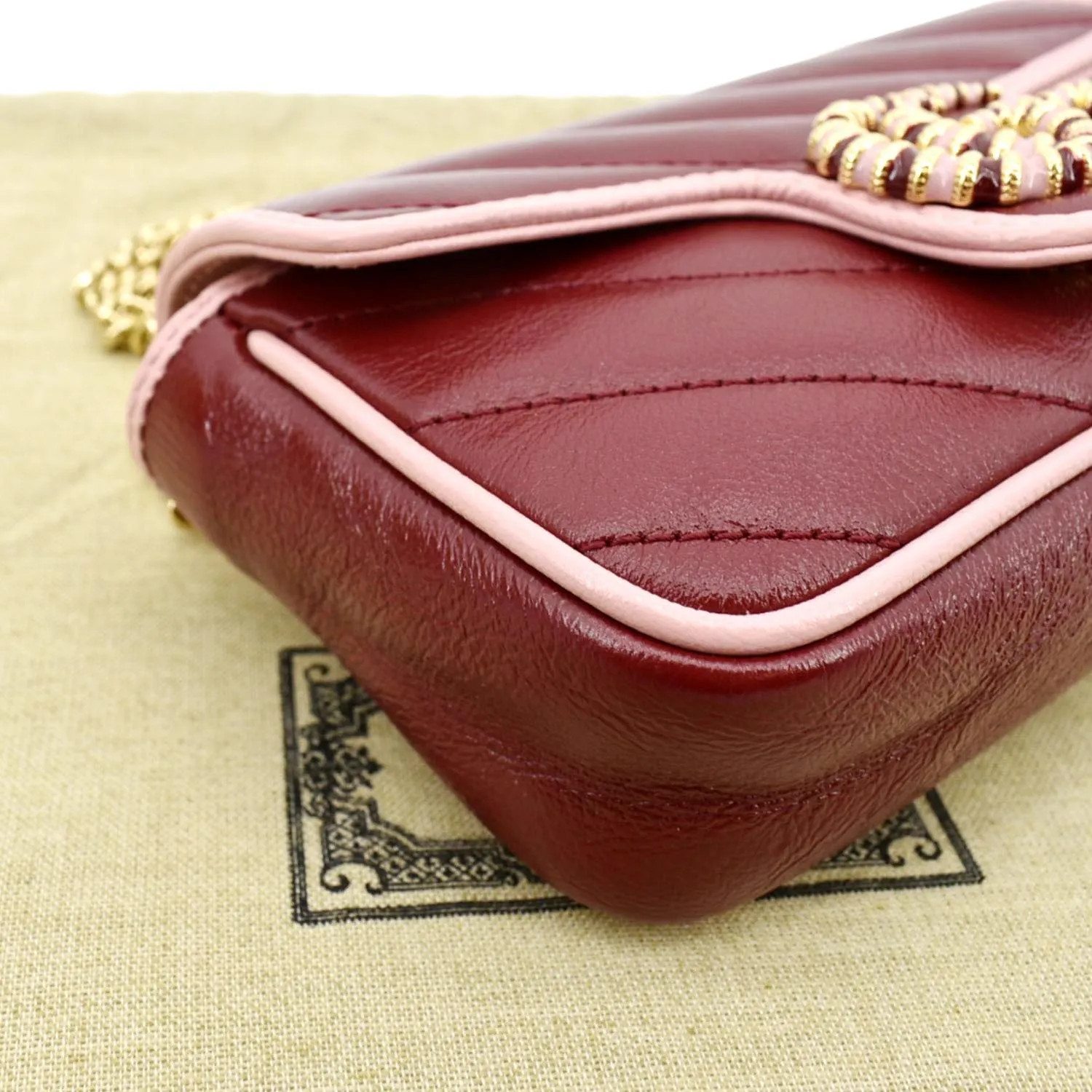 GUCCI Vintage Effect Super Mini GG Marmont Diagonal Leather Shoulder Bag Red 574969