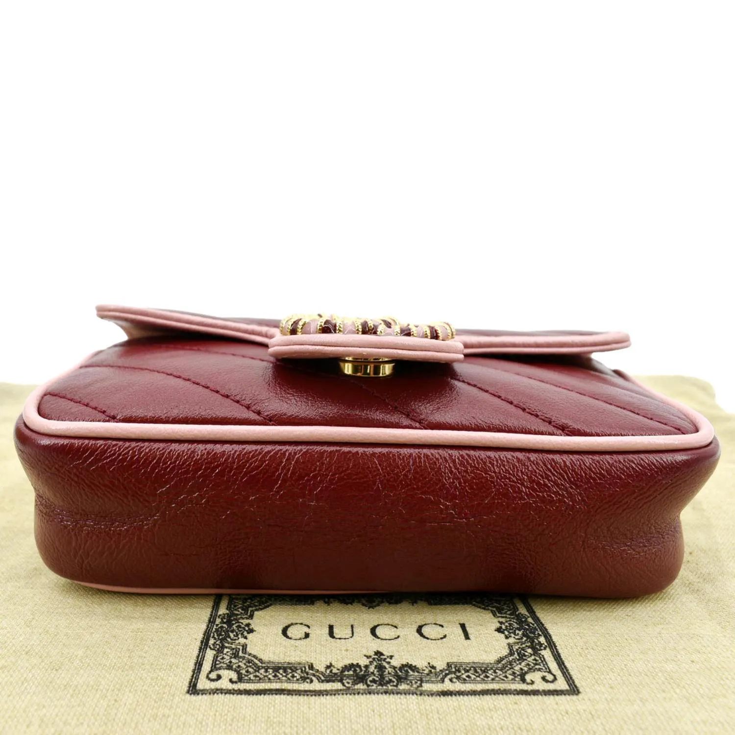 GUCCI Vintage Effect Super Mini GG Marmont Diagonal Leather Shoulder Bag Red 574969