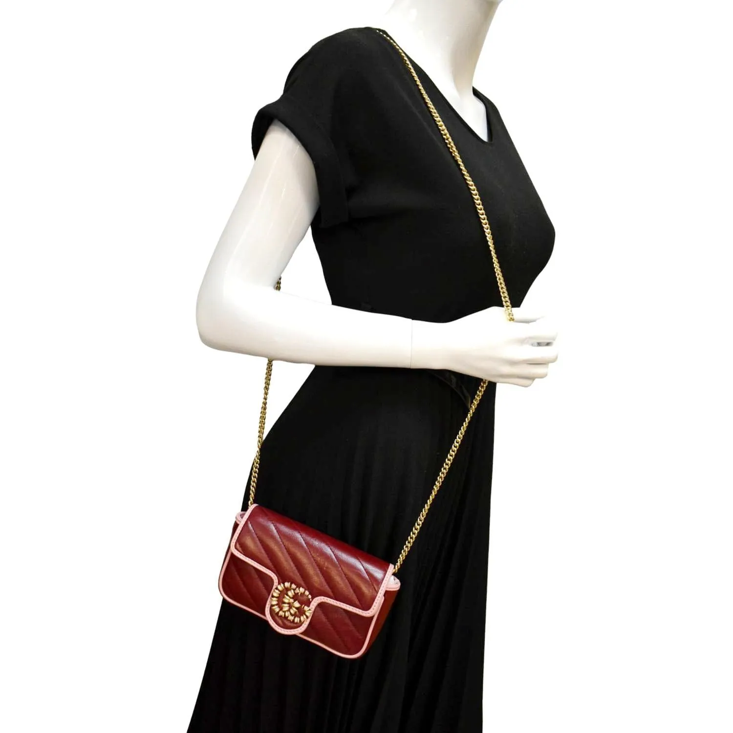 GUCCI Vintage Effect Super Mini GG Marmont Diagonal Leather Shoulder Bag Red 574969