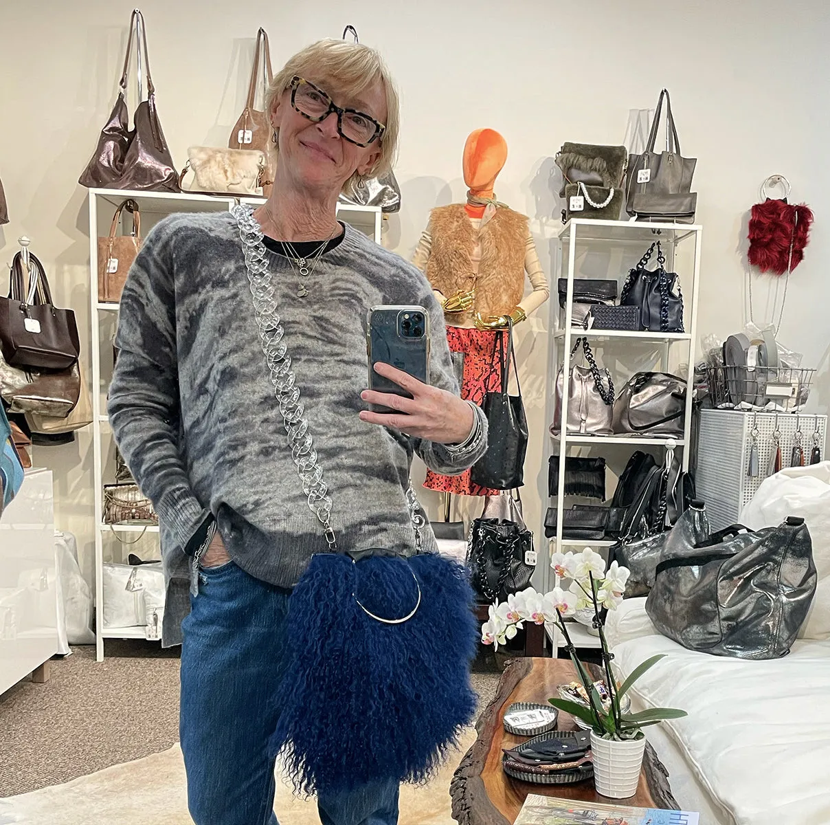 Hanna Navy Sheepskin & Black Matte
