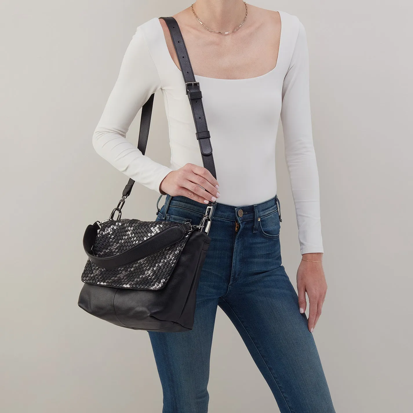 Harley Convertible Shoulder Bag In Woven Leather - Black Metallic Woven
