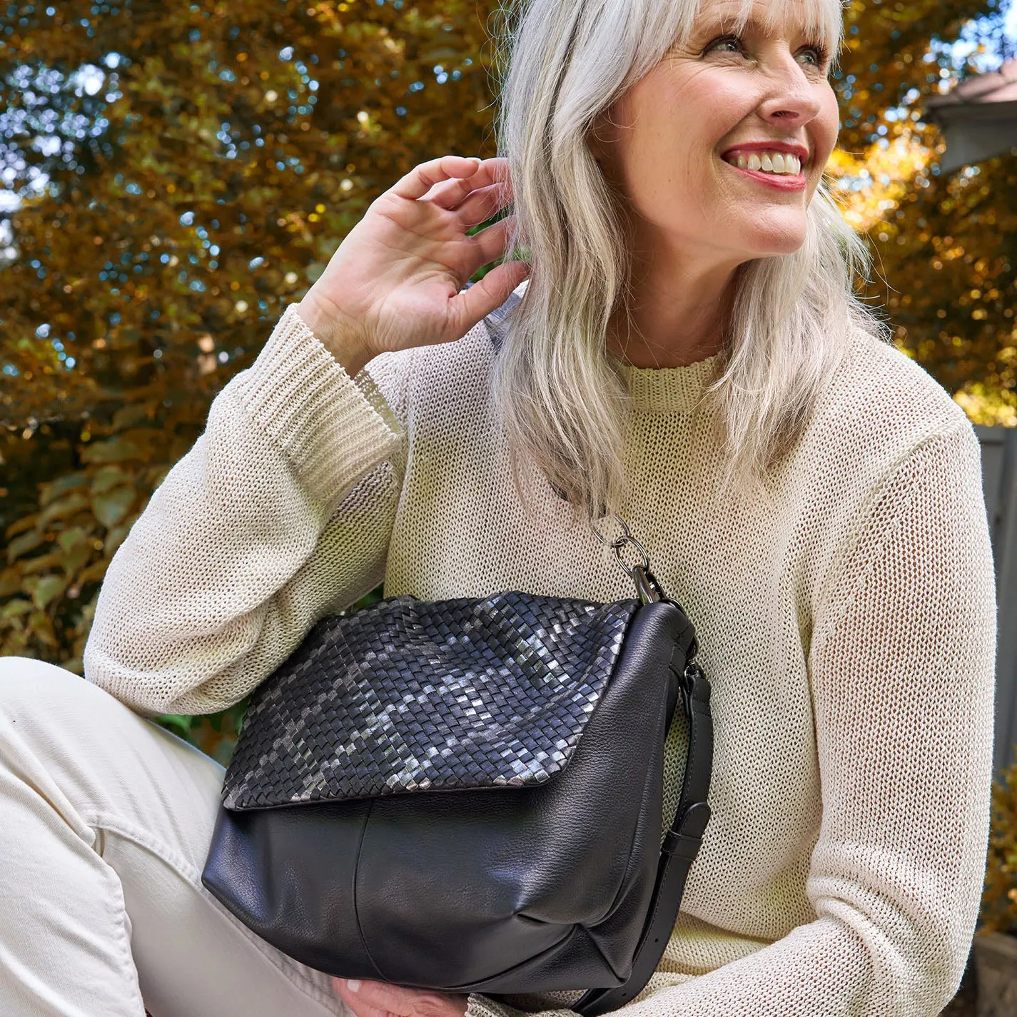 Harley Convertible Shoulder Bag In Woven Leather - Black Metallic Woven