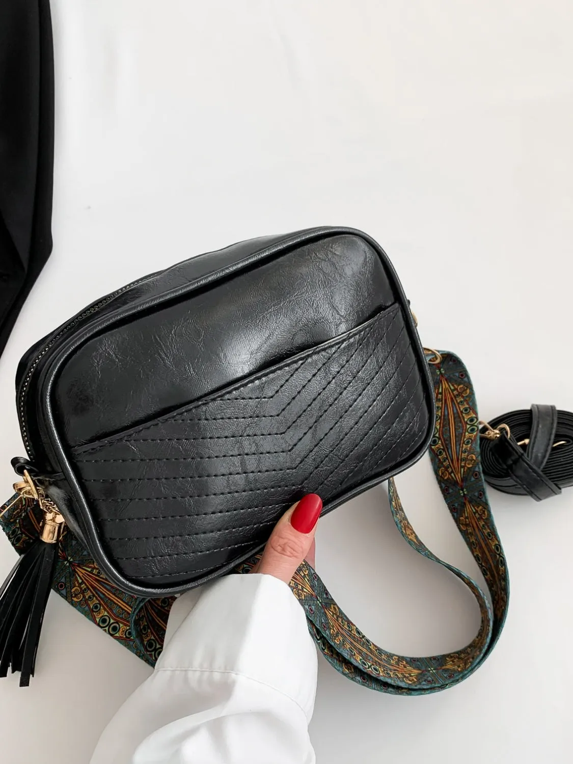 Hazel Blues® |  Tassel PU Leather Printed Strap Cassette Crossbody Bag