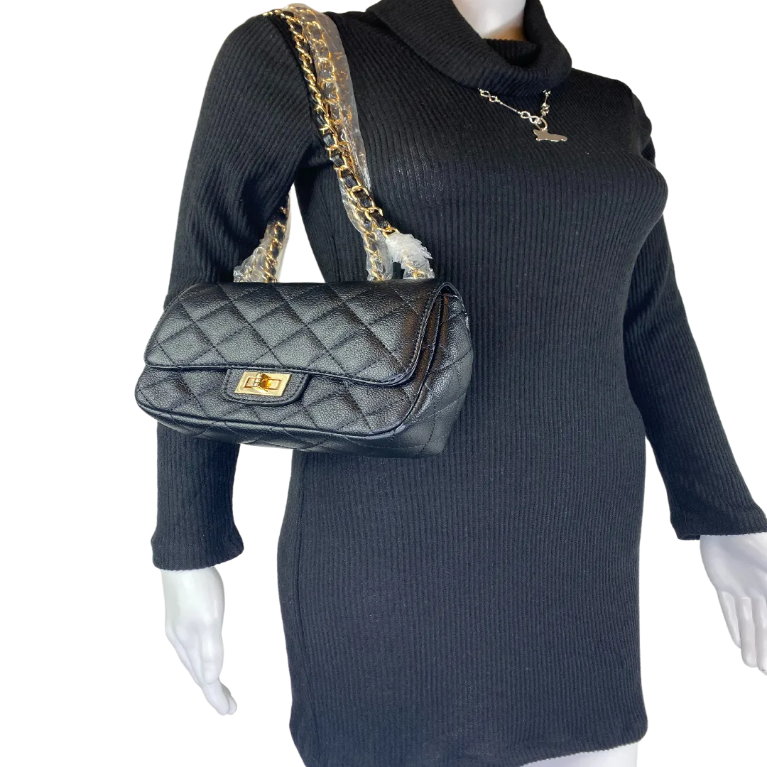 Hitter Handbag Black Vegan Leather Twist Lock and Zipper Closure Shoulder Bag