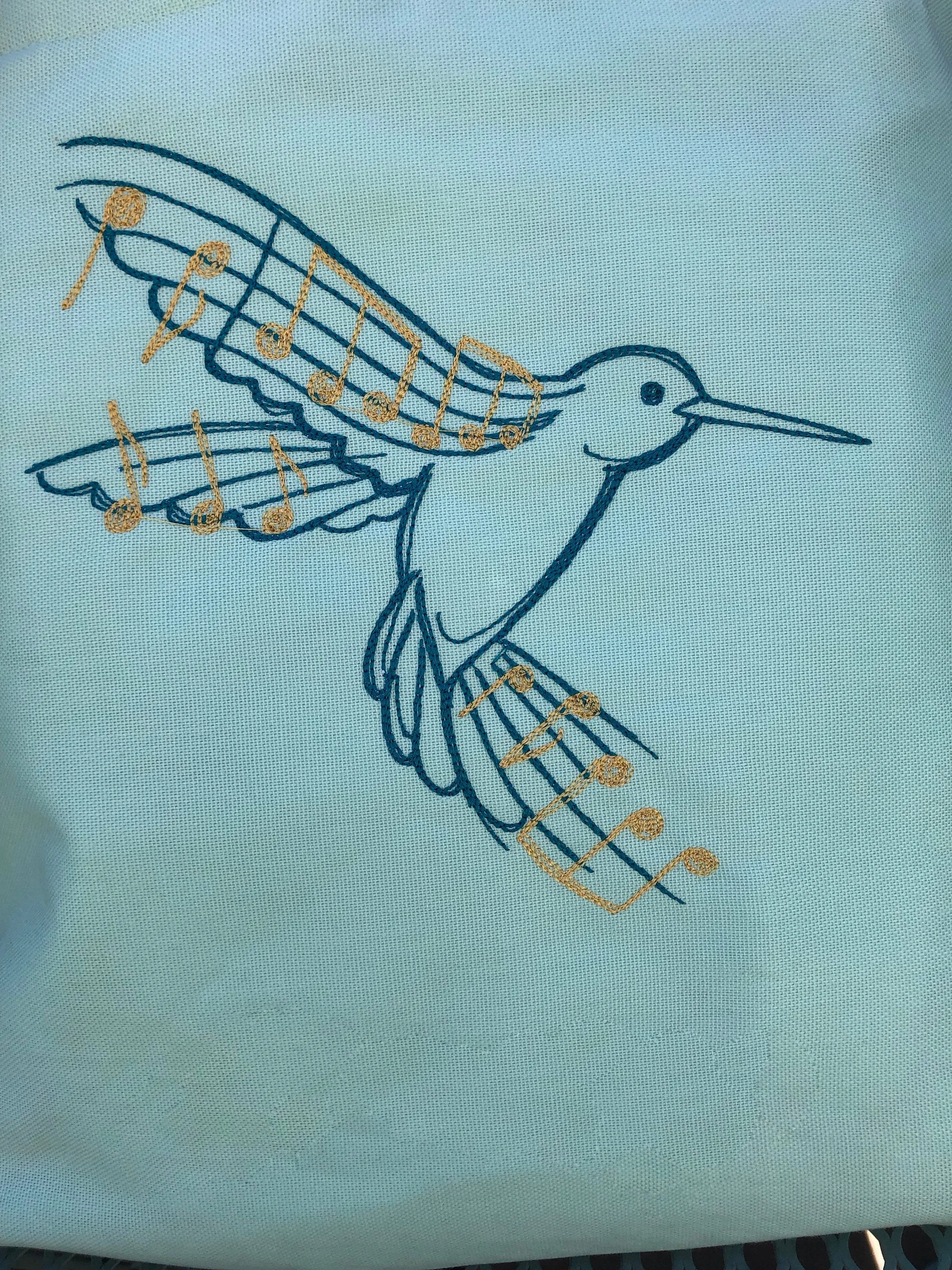 Hummingbird and Music Embroidered Tote Bag | stitchywoman.net