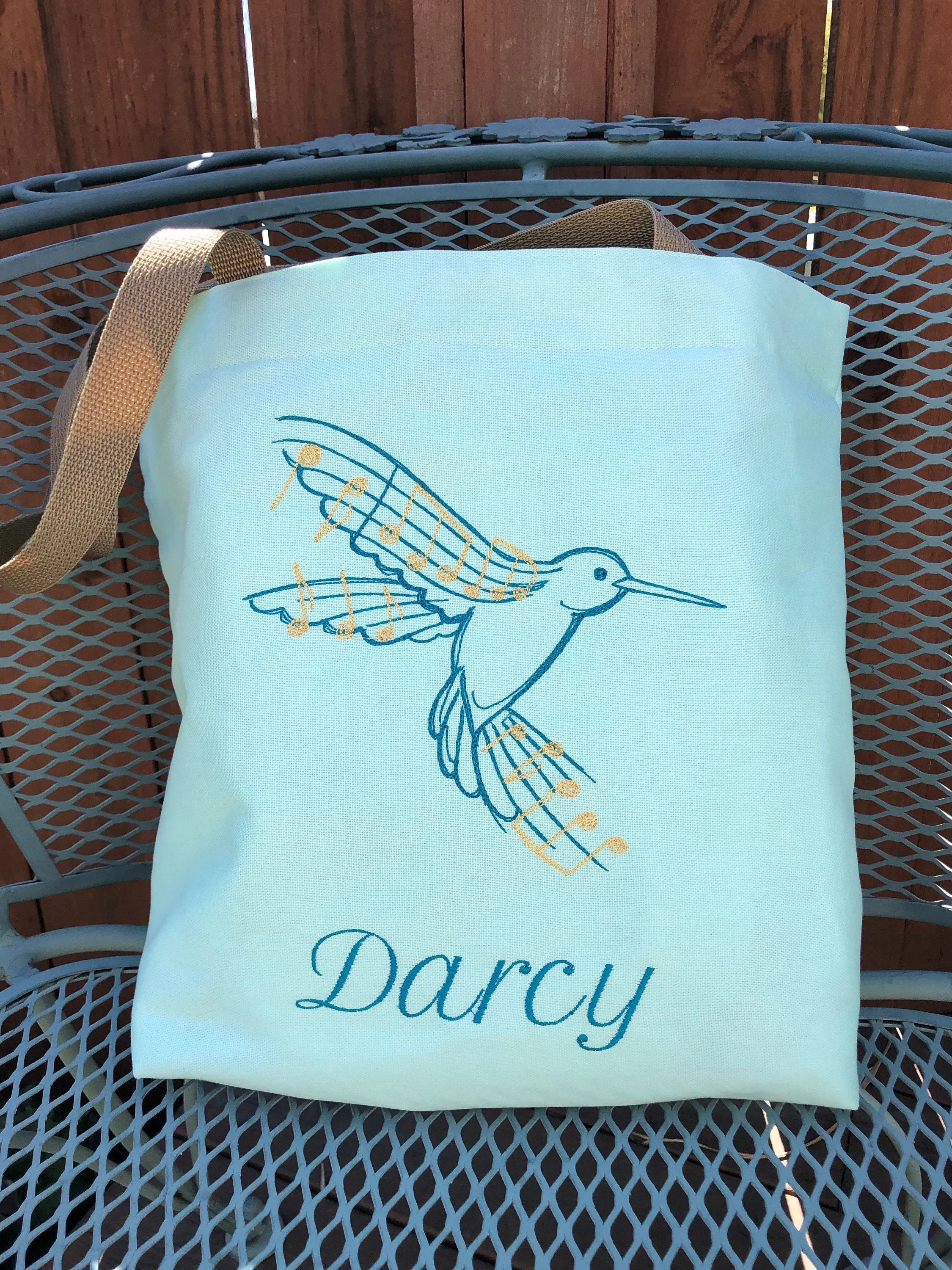 Hummingbird and Music Embroidered Tote Bag | stitchywoman.net