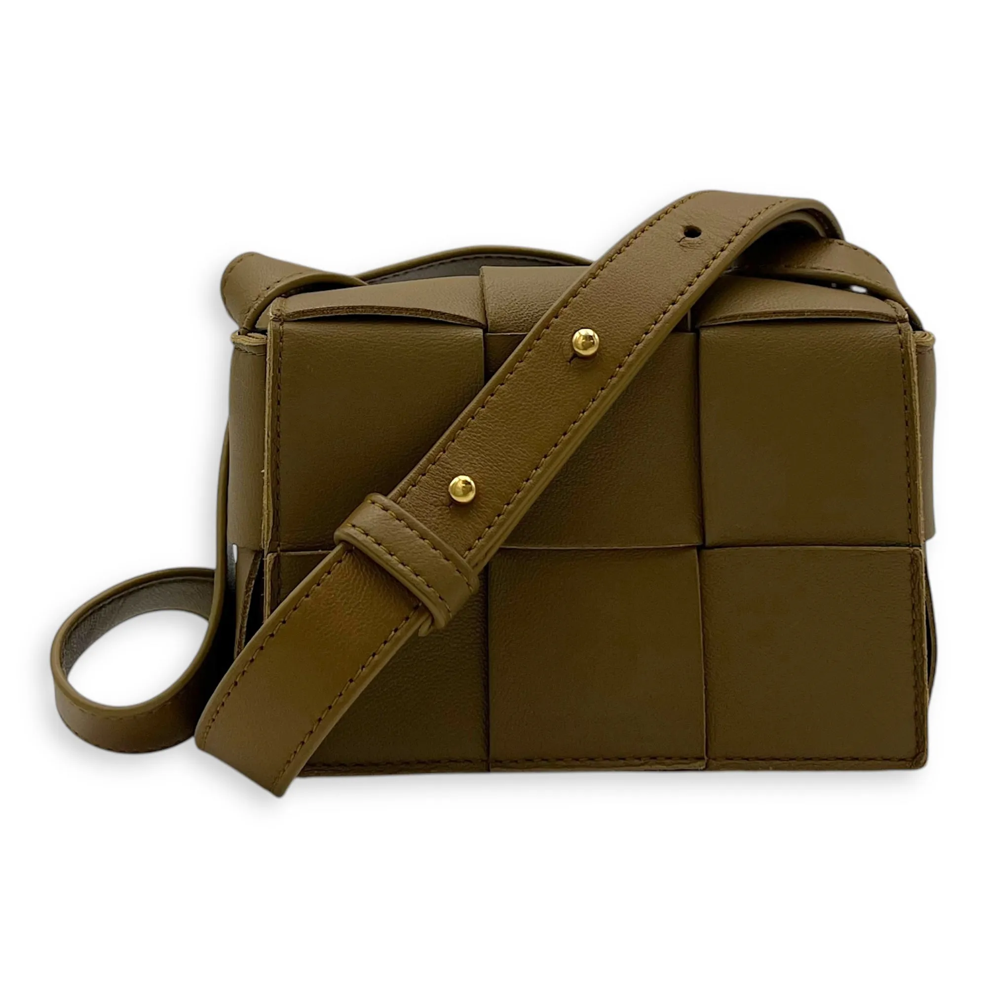 Intrecciato Crossbody Bag Mini Brown in Calfskin, Gold hardware