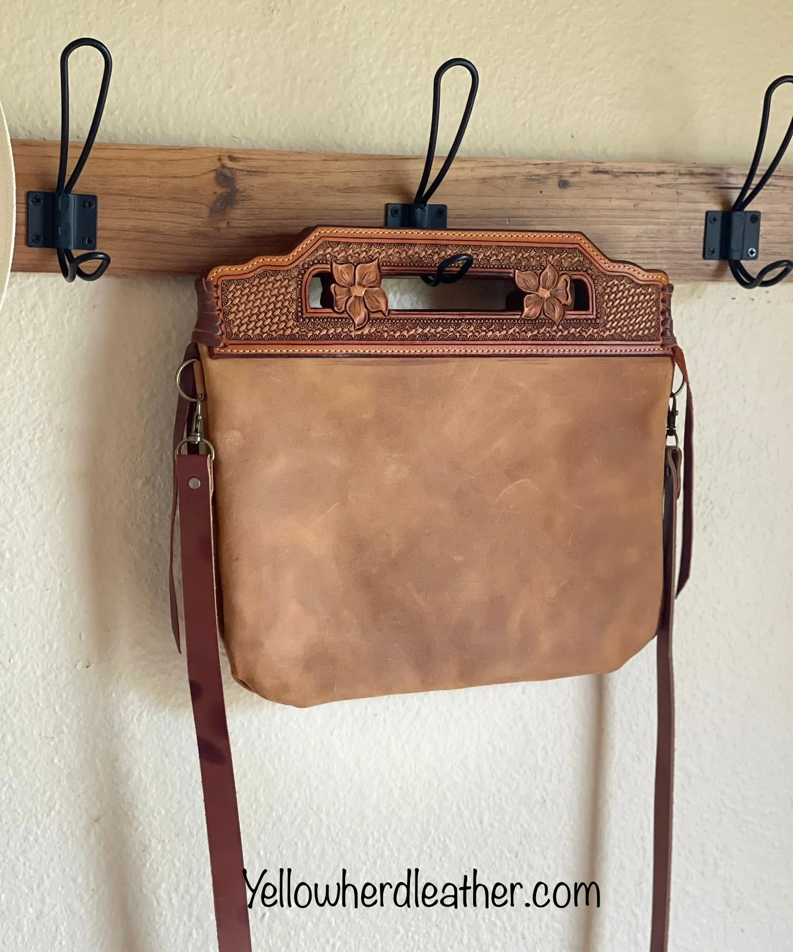 Large Flower Tooled Handle Crossbody