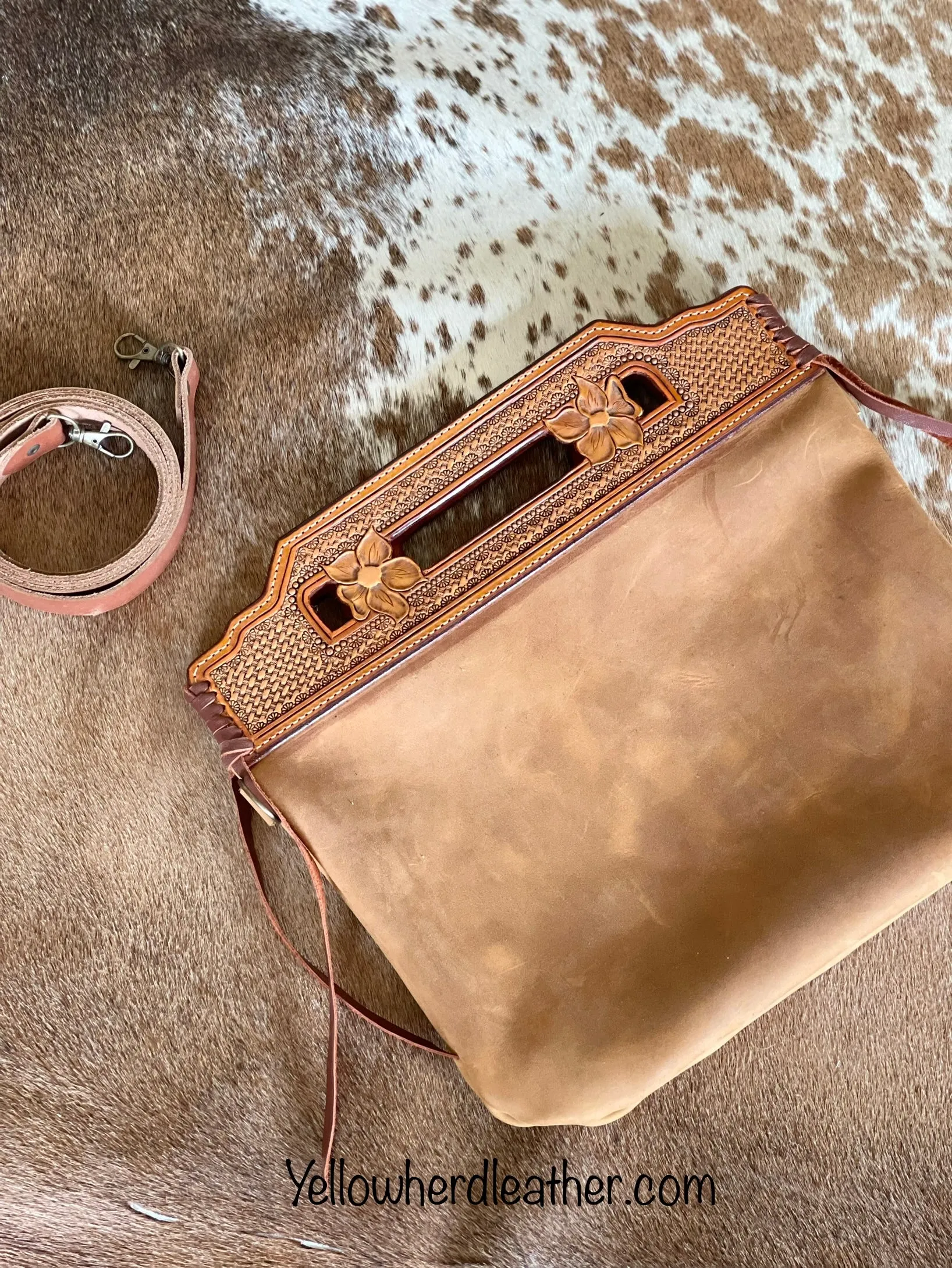 Large Flower Tooled Handle Crossbody