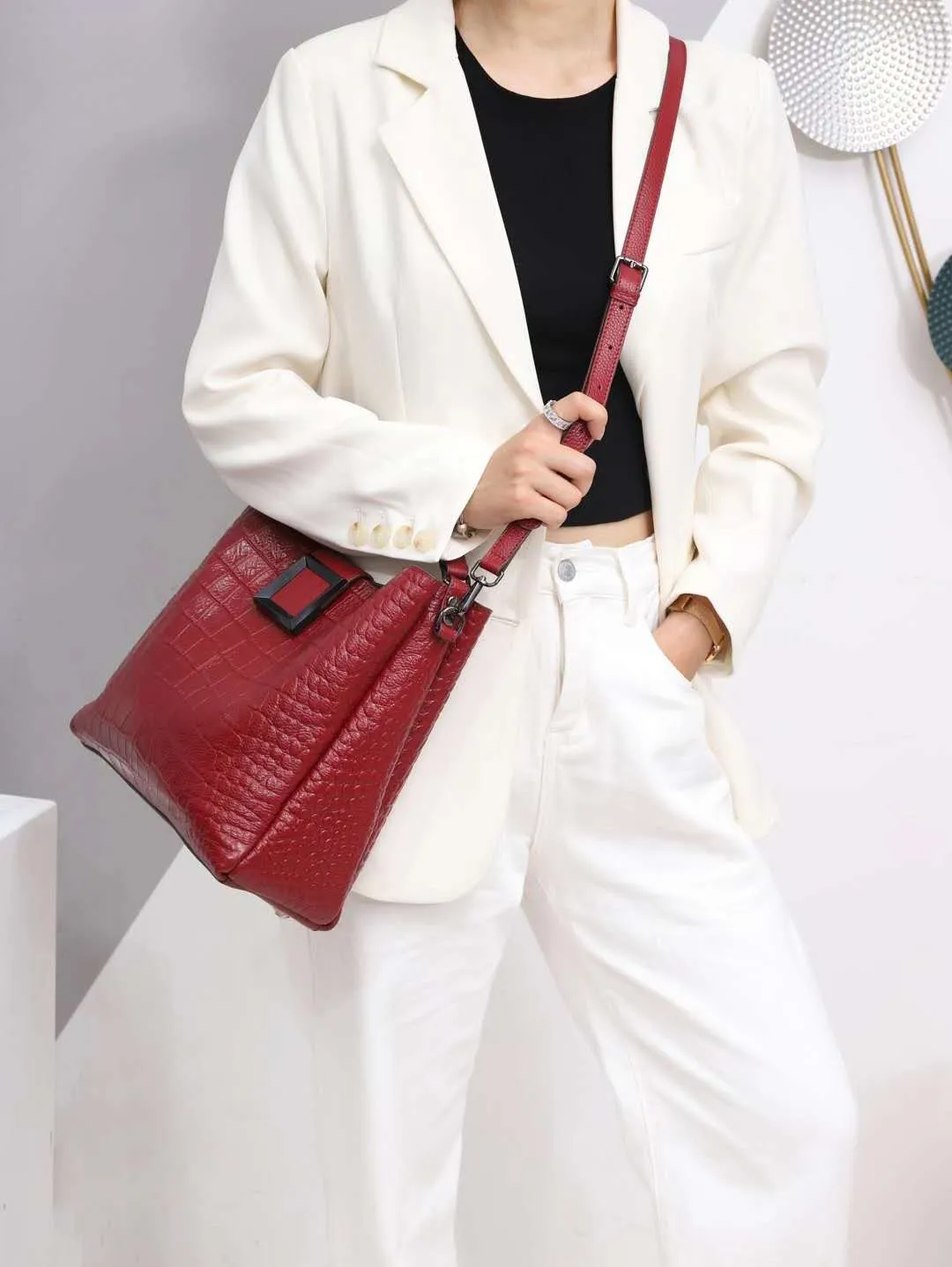 large luxury women crocodile leather crossbody tote bag