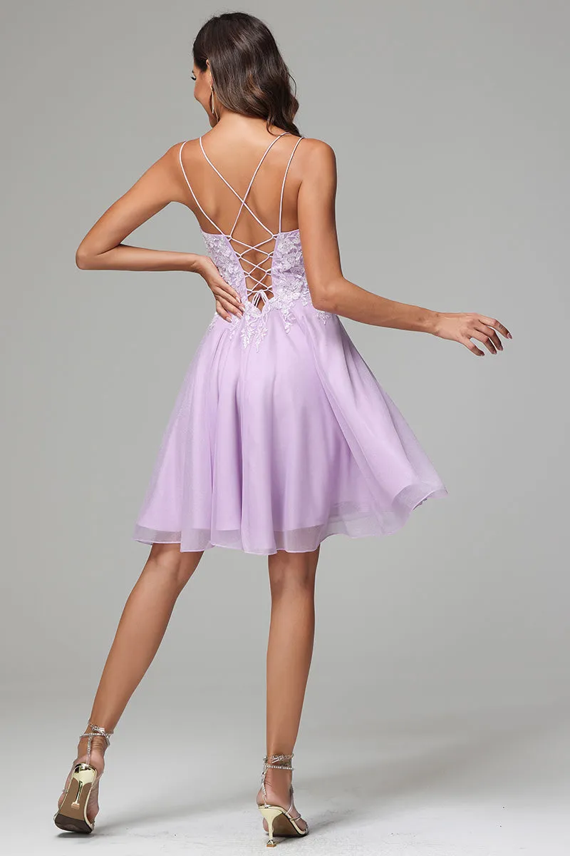 Lilac A-line Spaghetti Straps Short Homecoming Dress with Appliques