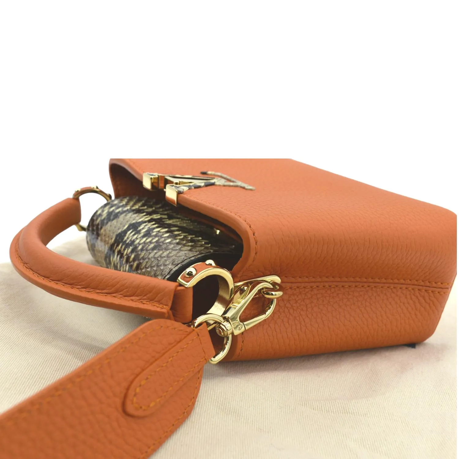 LOUIS VUITTON Capucines Mini Taurillon Python Leather Satchel Bag Topaze Imperiale