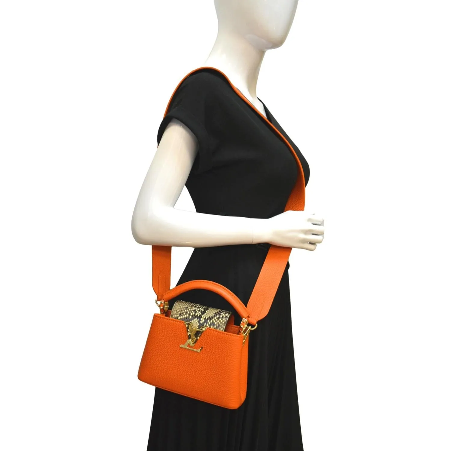 LOUIS VUITTON Capucines Mini Taurillon Python Leather Satchel Bag Topaze Imperiale