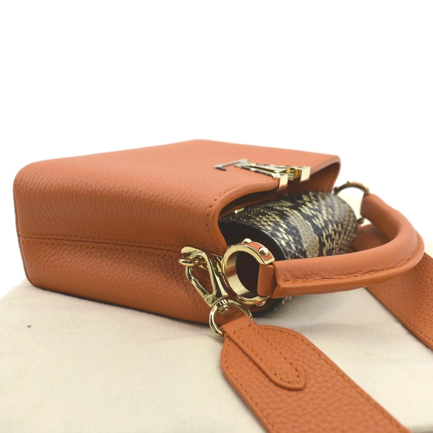 LOUIS VUITTON Capucines Mini Taurillon Python Leather Satchel Bag Topaze Imperiale