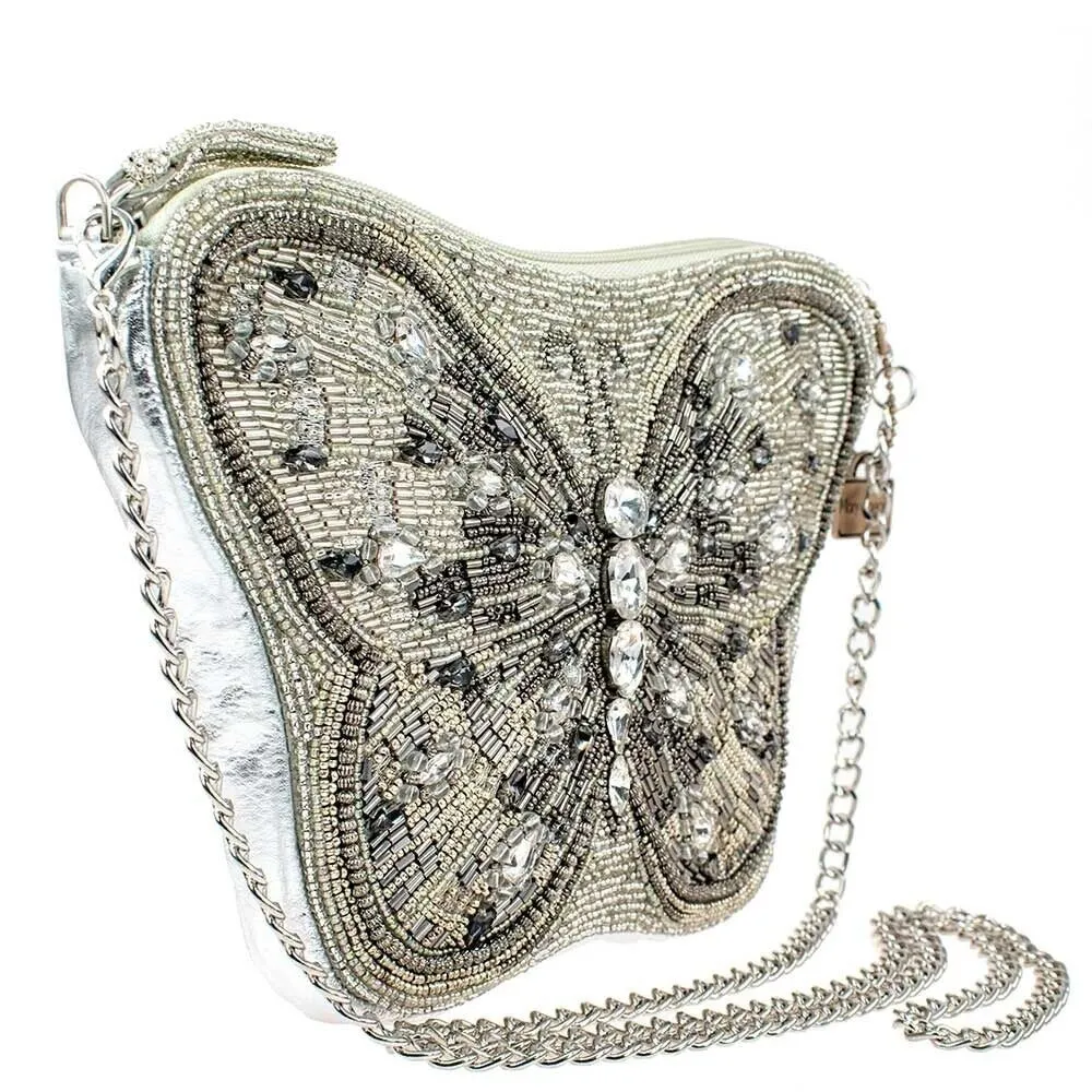Mary Frances Flitter & Gleam Crossbody Butterfly Handbag Beaded Silver Bag New