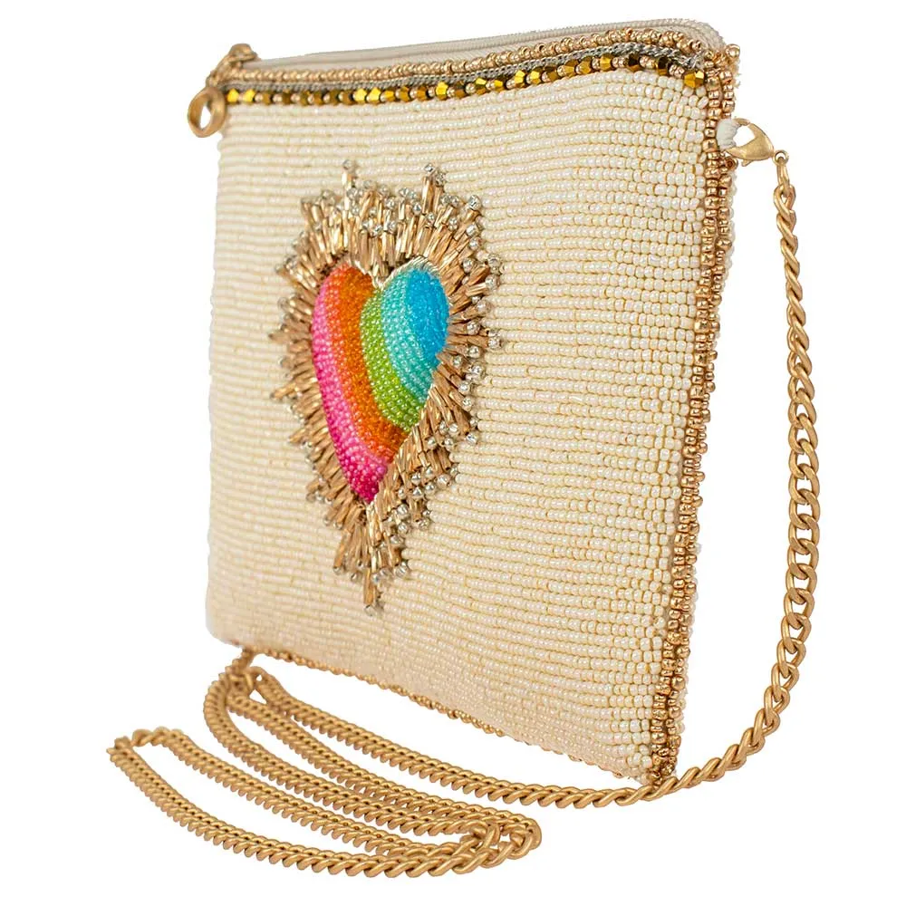 Mary Frances Love Affair Beaded Rainbow Heart Mini Crossbody Gold Handbag Bag new