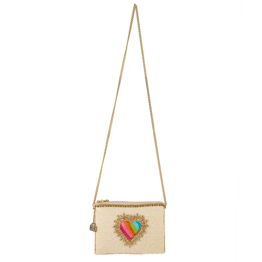 Mary Frances Love Affair Beaded Rainbow Heart Mini Crossbody Gold Handbag Bag new