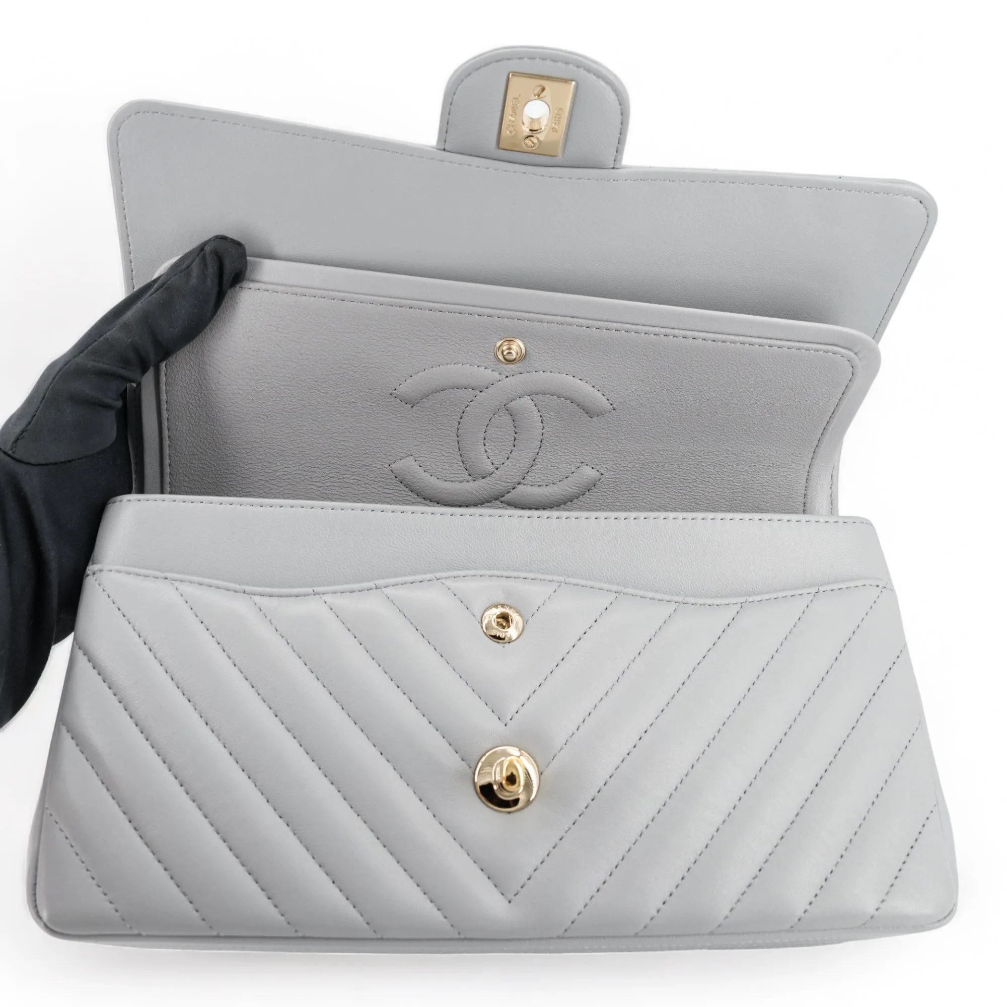 Medium Chevron Classic Double Flap Bag in 20S Grey Lambskin