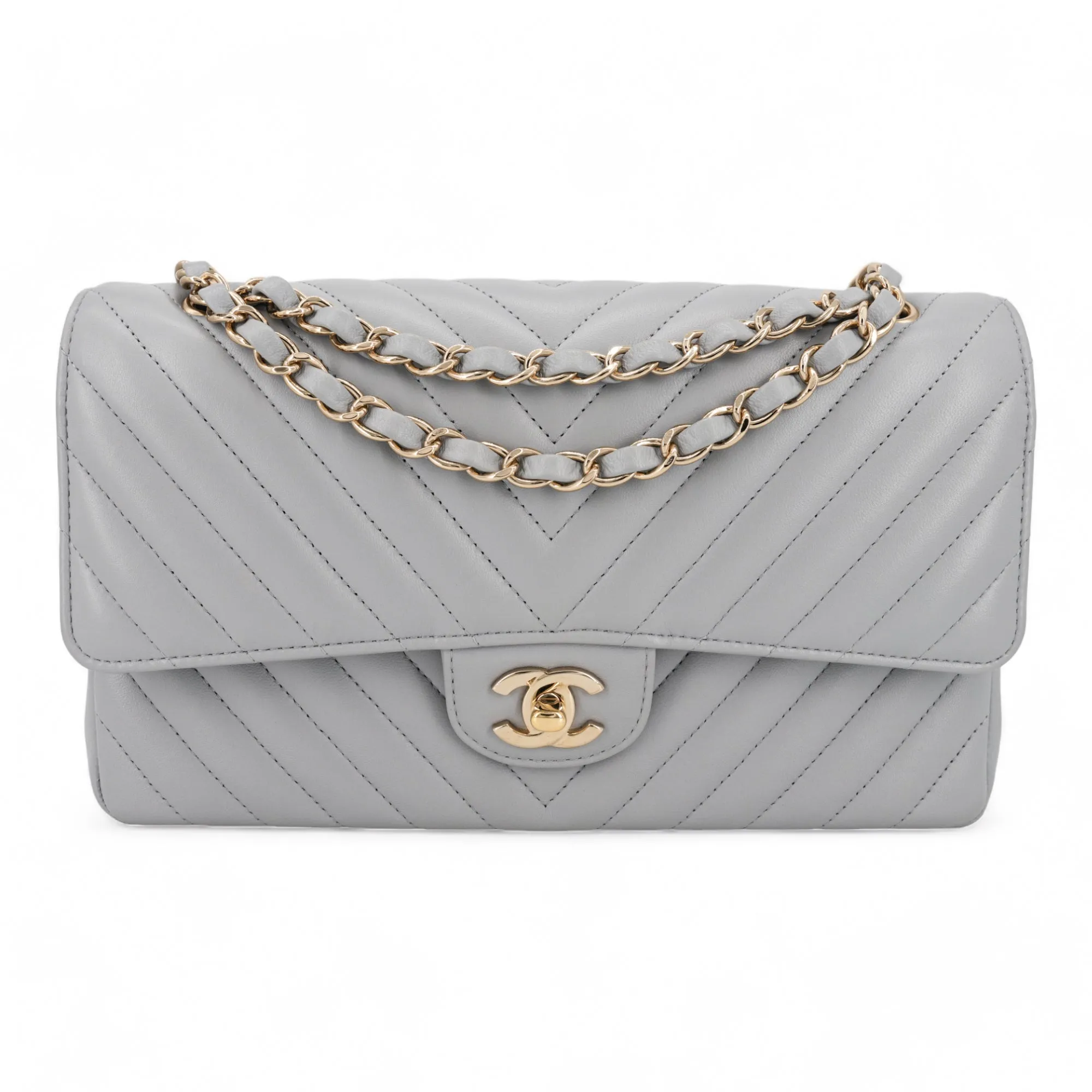 Medium Chevron Classic Double Flap Bag in 20S Grey Lambskin