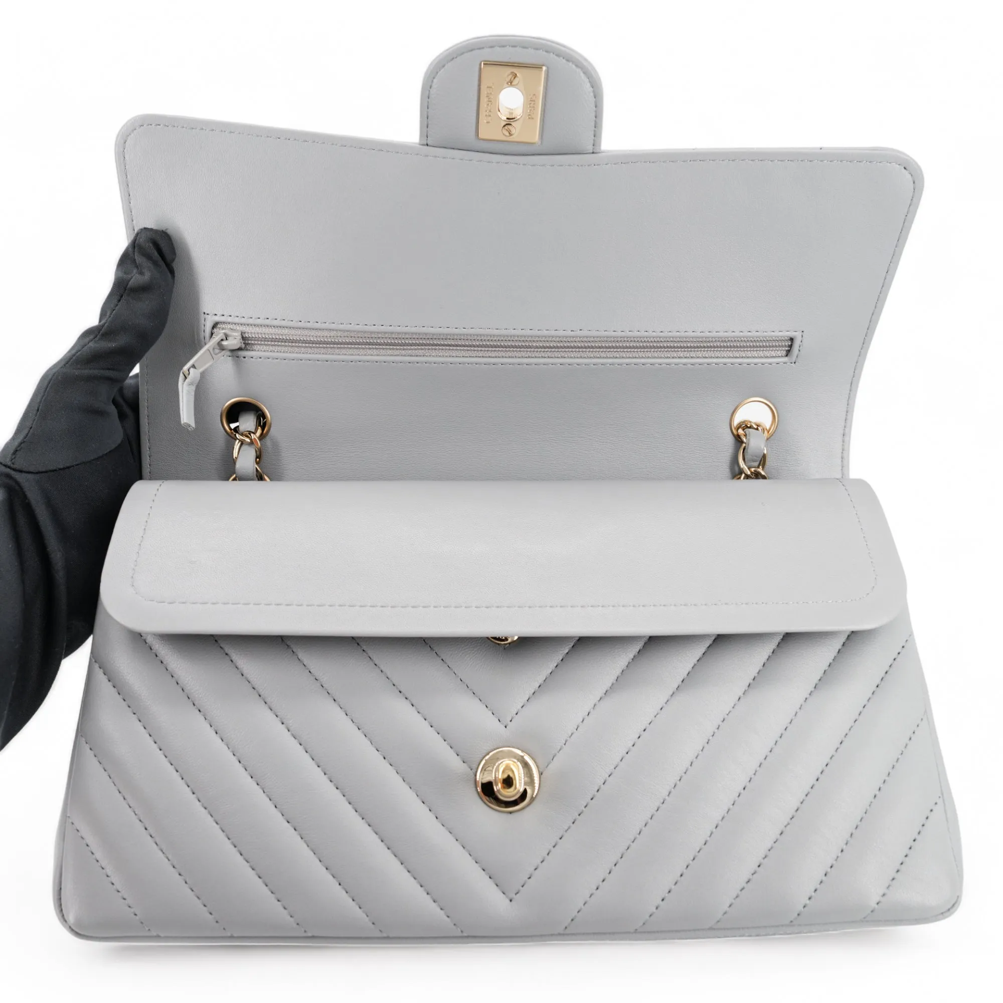 Medium Chevron Classic Double Flap Bag in 20S Grey Lambskin