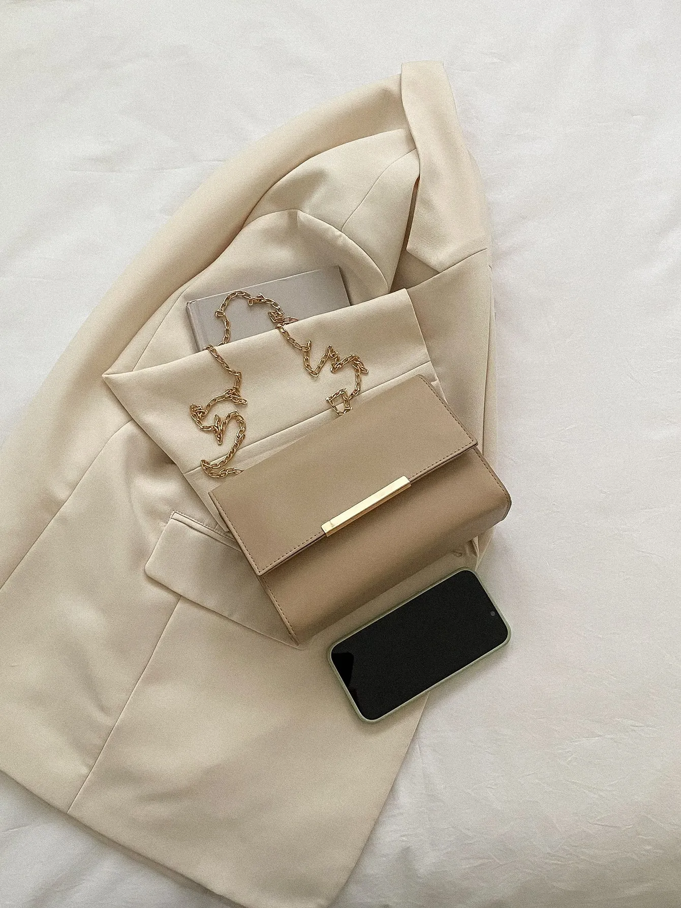 Metal Decor Chain Flap Square Bag - Khaki