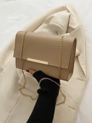 Metal Decor Chain Flap Square Bag - Khaki