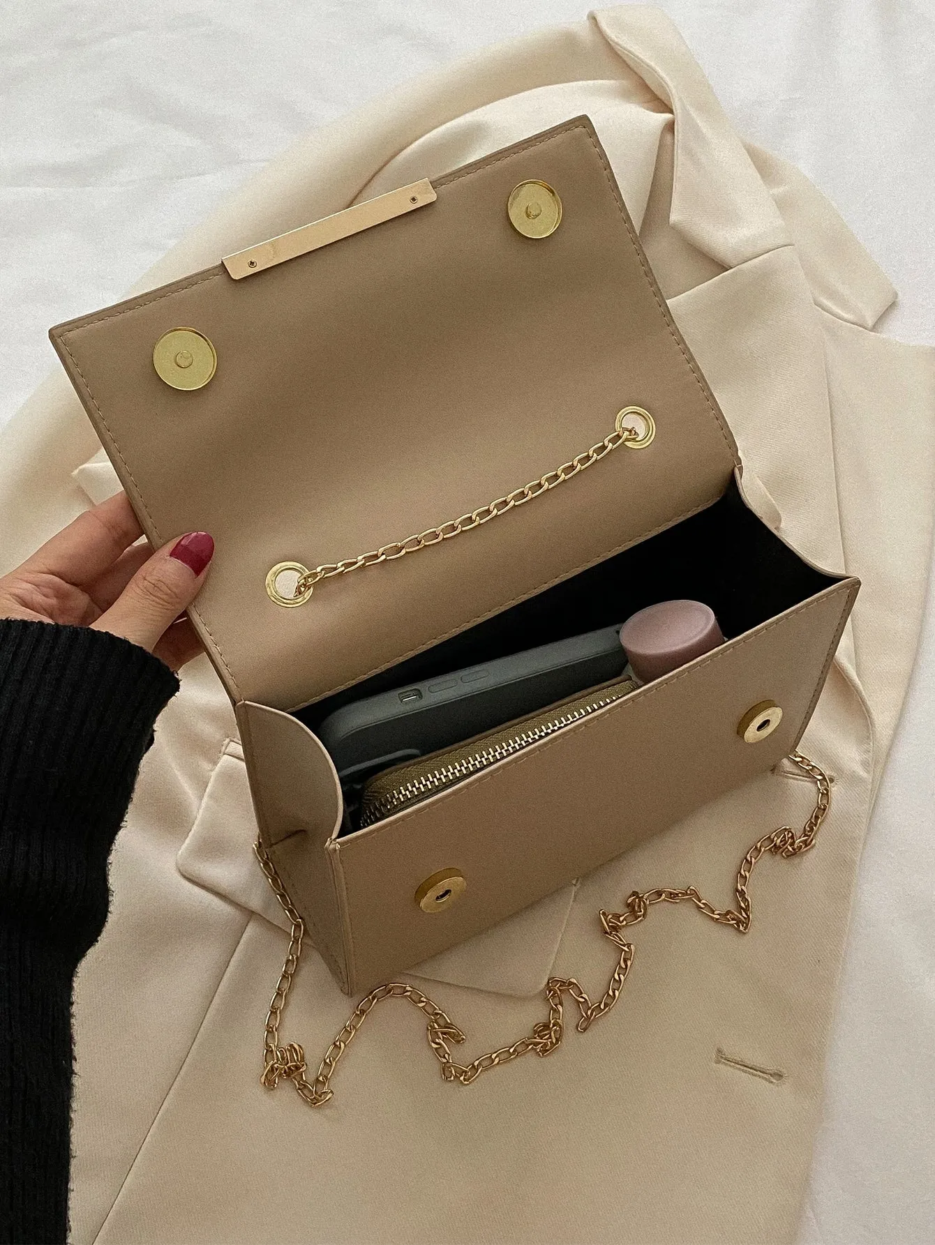 Metal Decor Chain Flap Square Bag - Khaki