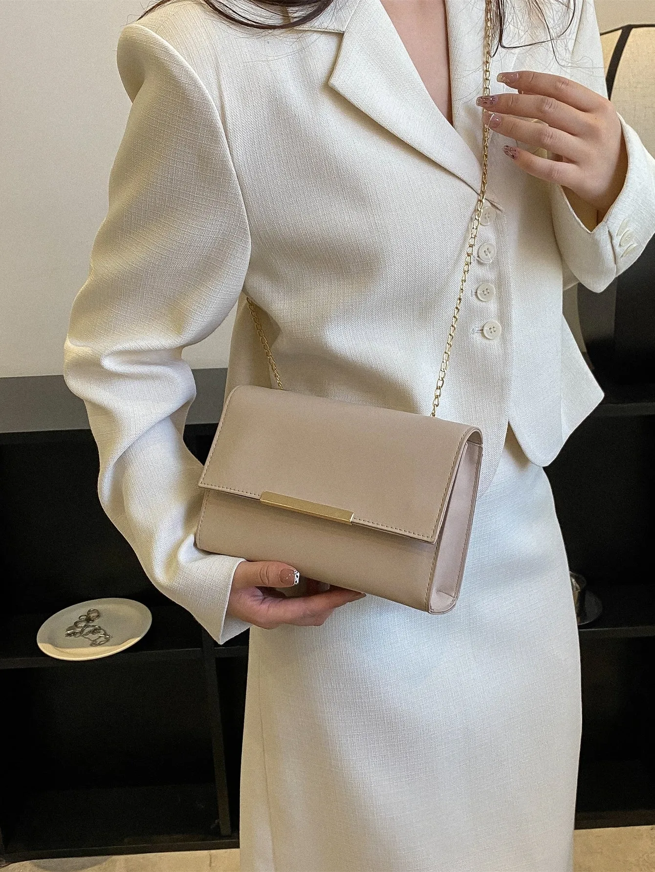 Metal Decor Chain Flap Square Bag - Khaki
