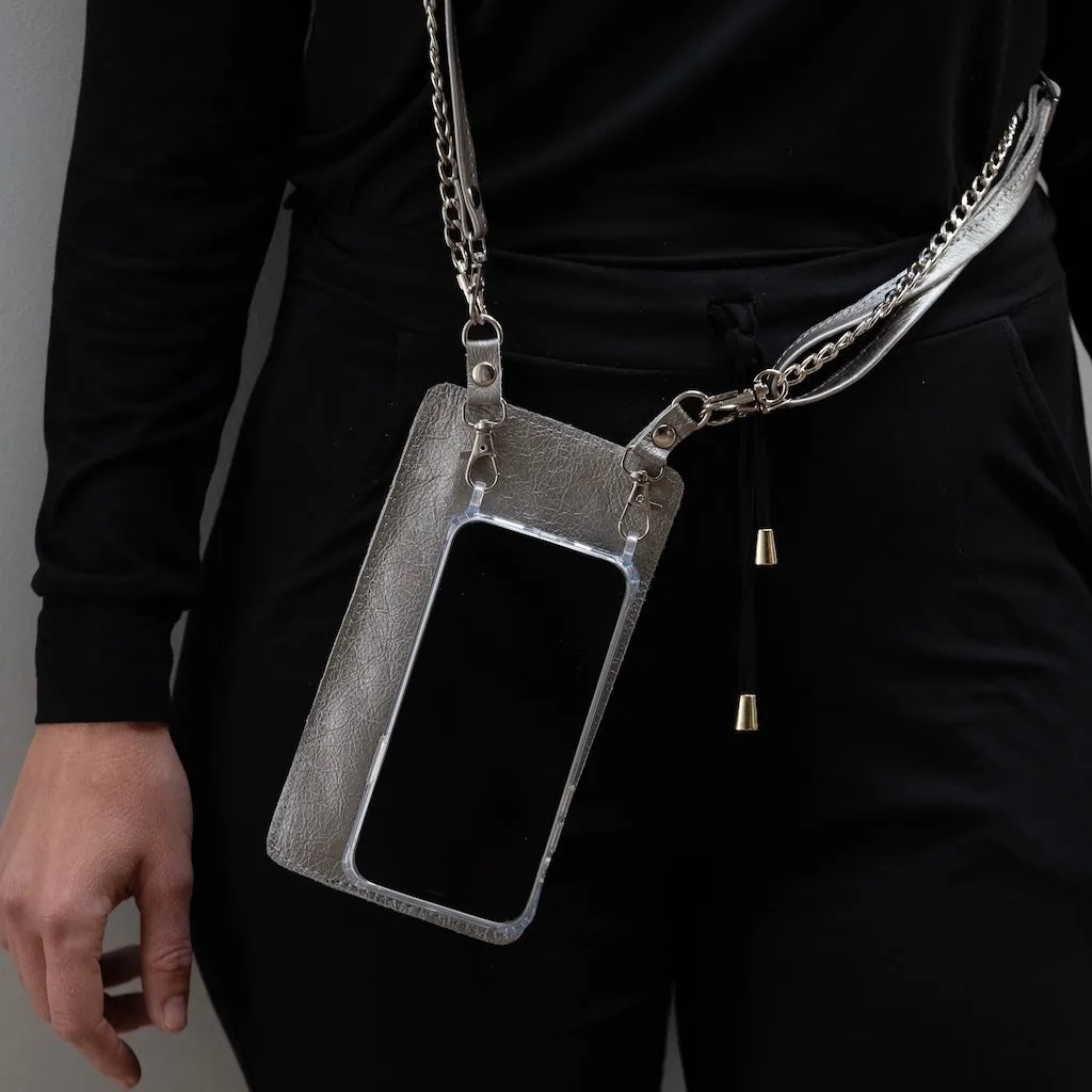 Metallic Silver Leather Purse & Strap