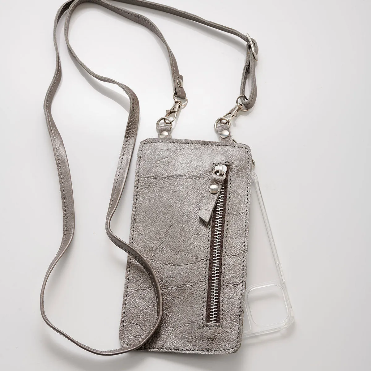 Metallic Silver Leather Purse & Strap