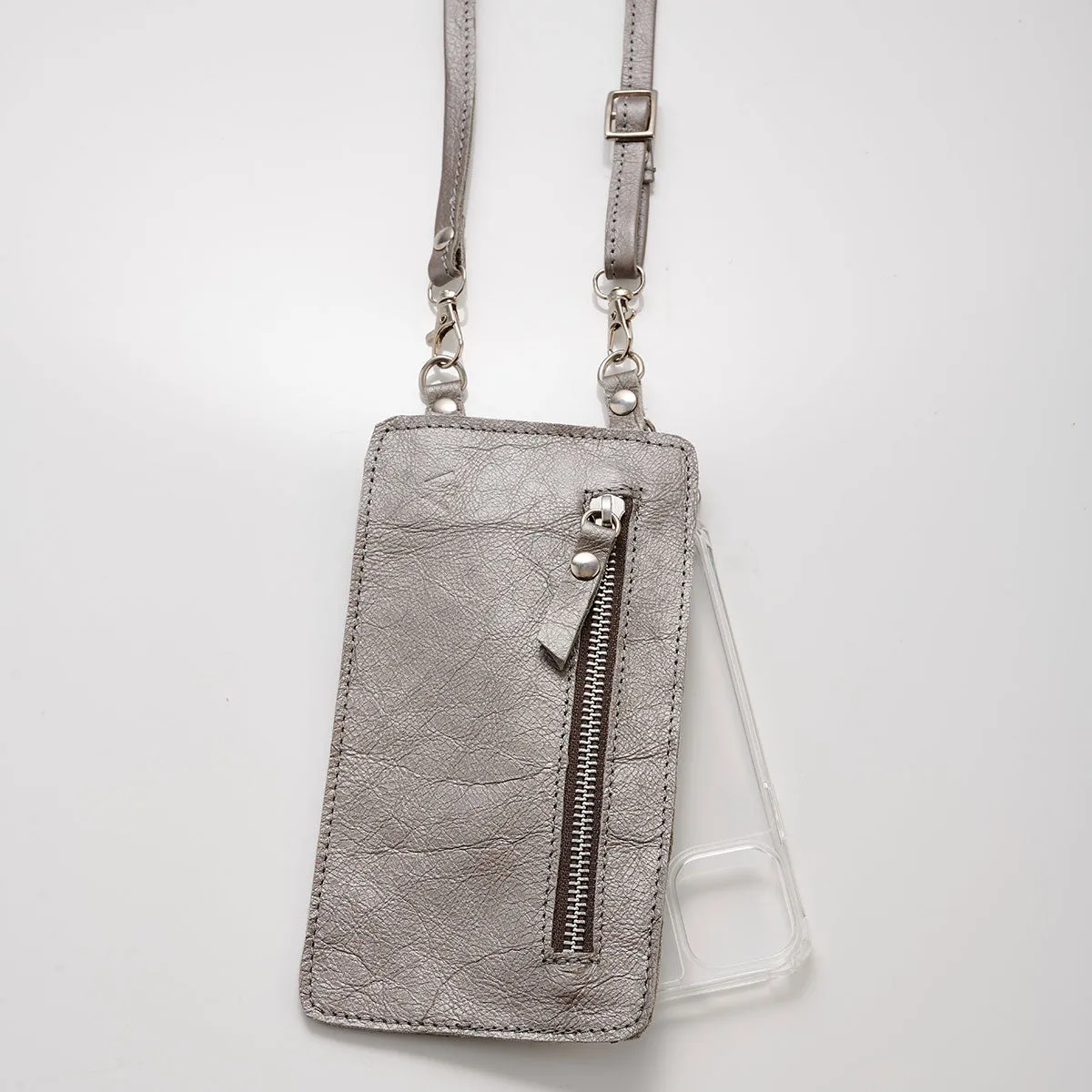 Metallic Silver Leather Purse & Strap