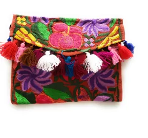 Mexican Embroidered Clutch Bag With Tassels Handmade Colorful