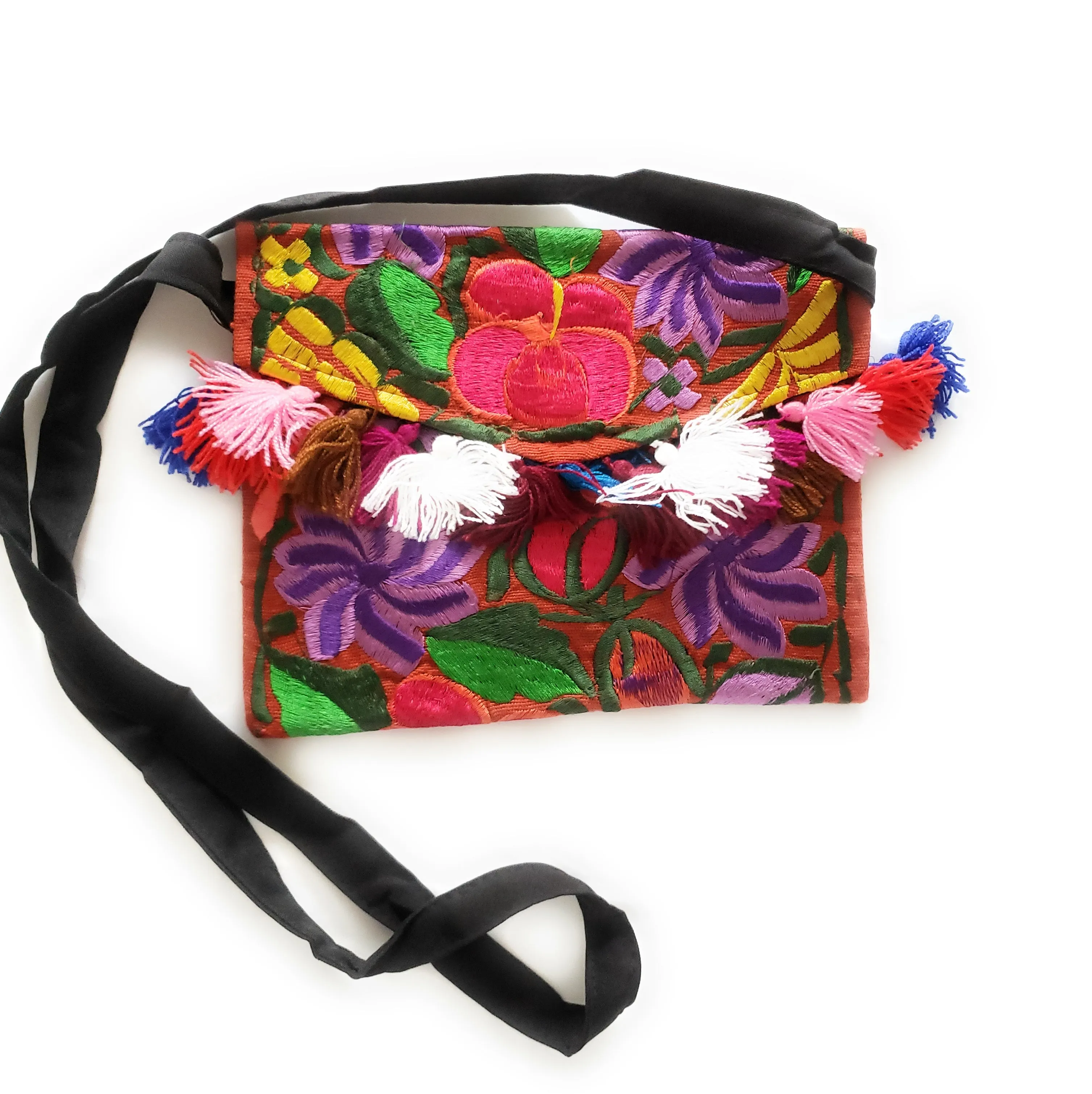 Mexican Embroidered Clutch Bag With Tassels Handmade Colorful