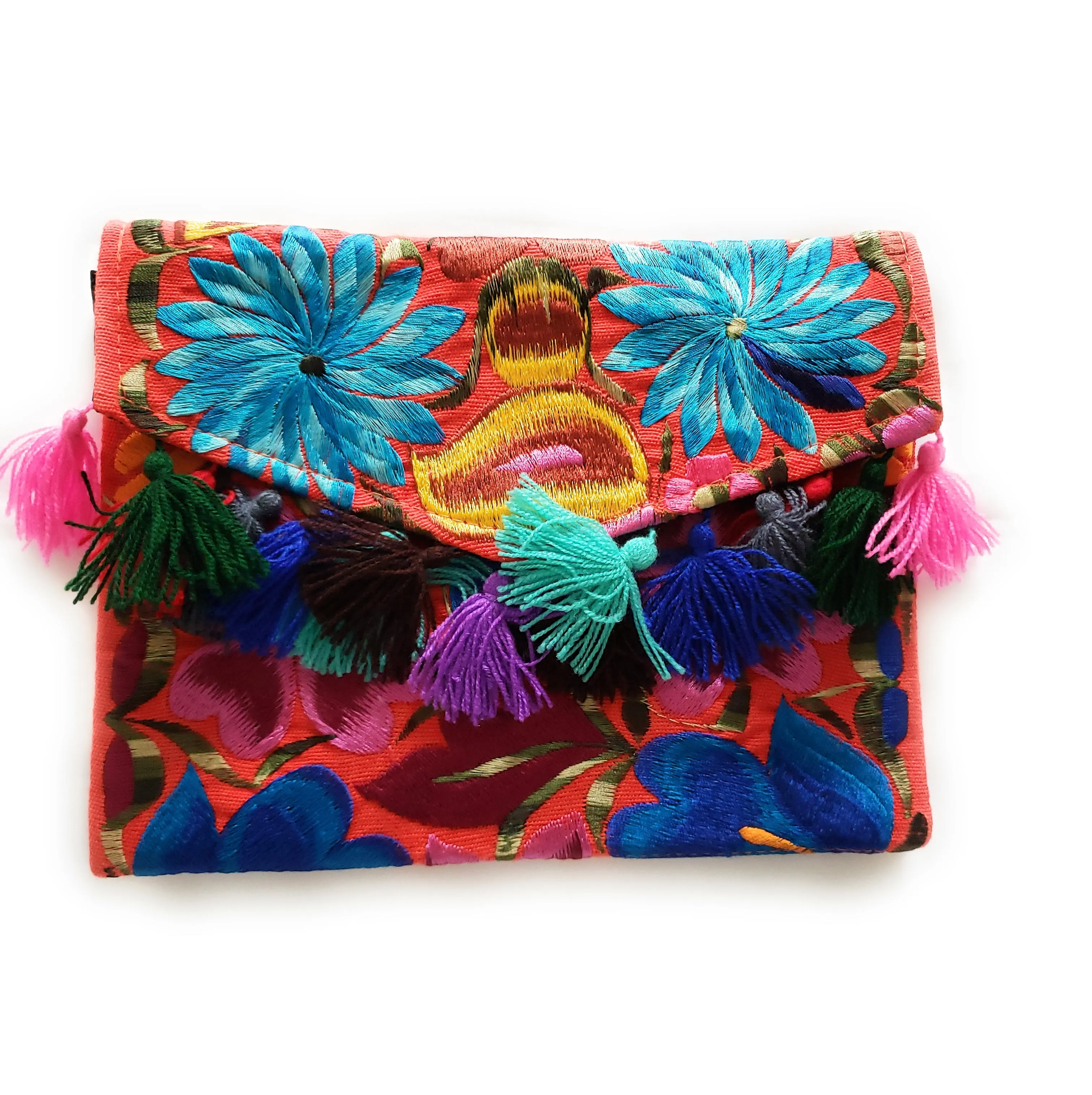 Mexican Embroidered Clutch Bag With Tassels Handmade Colorful
