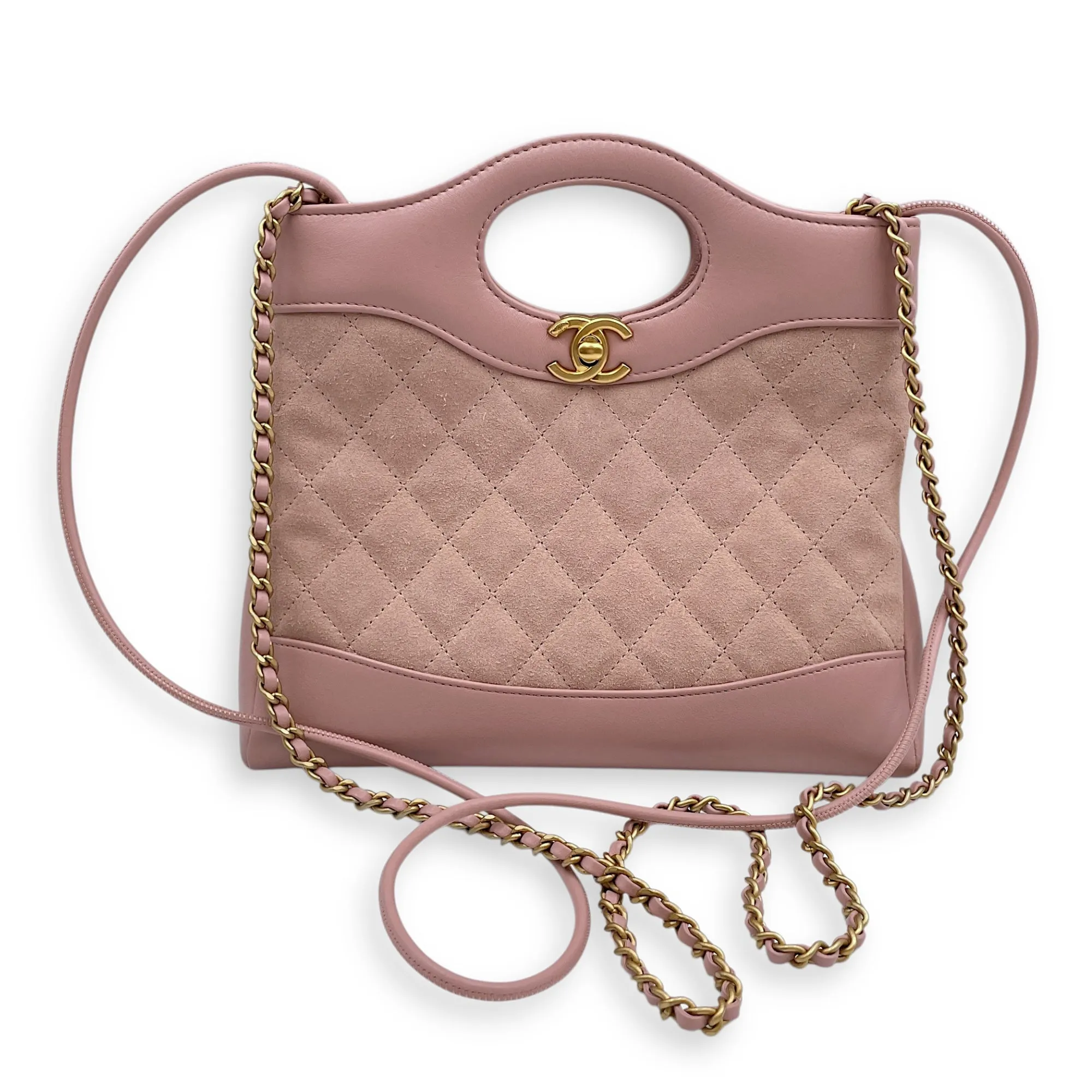 Mini 31 Pink Crossbody Bag in Suede Leather, Gold hardware