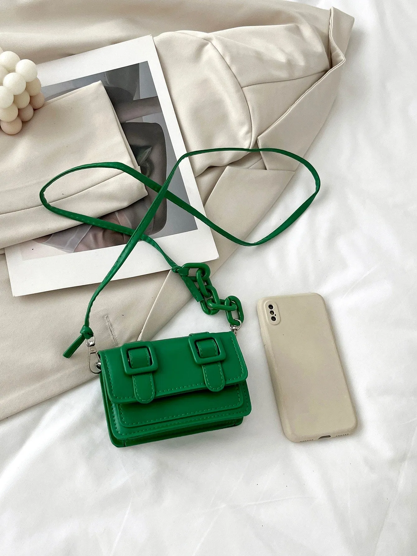 Mini Buckle Detail Stitch Detail Square Bag - Green- FD ⚡