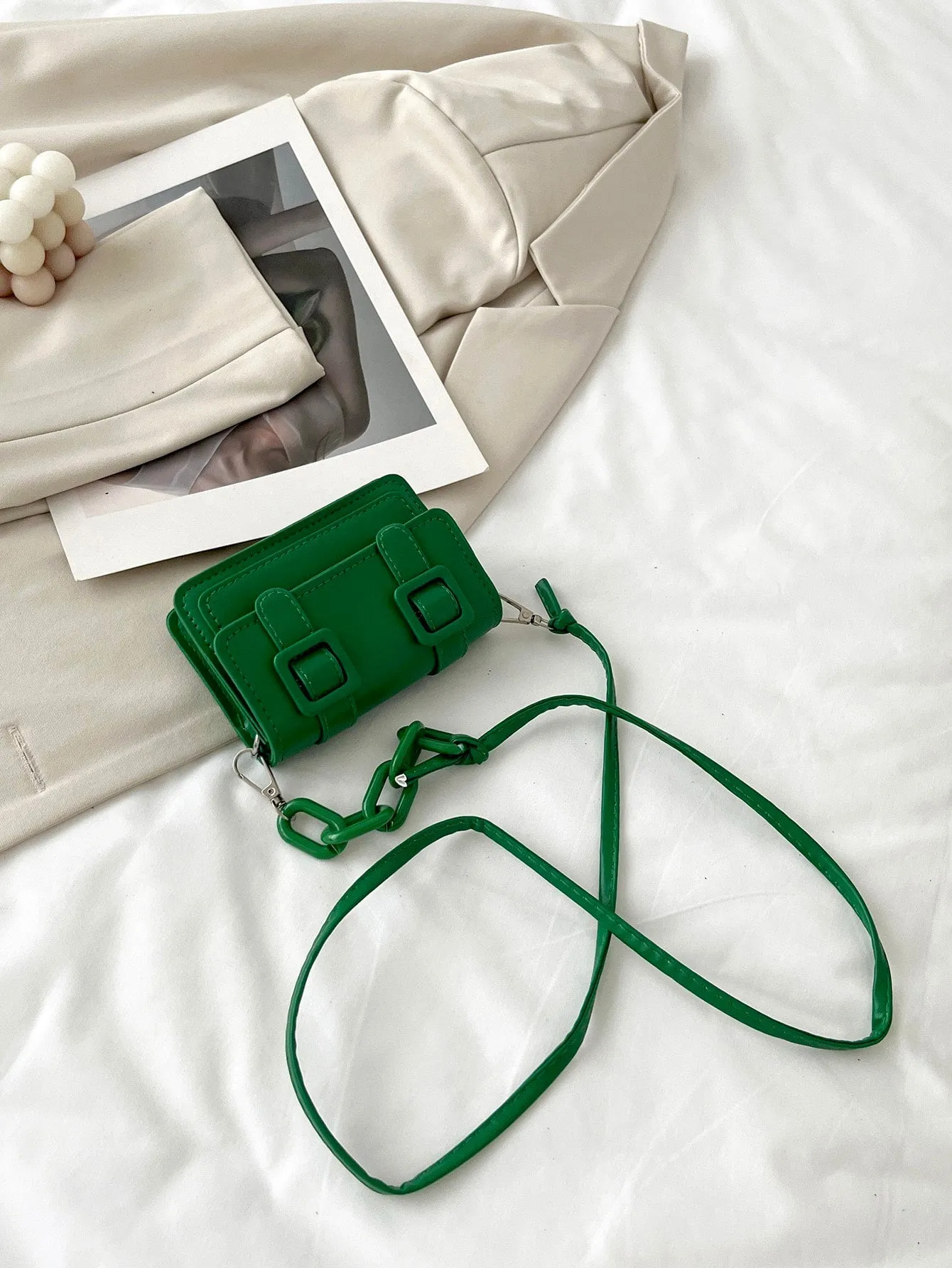 Mini Buckle Detail Stitch Detail Square Bag - Green- FD ⚡