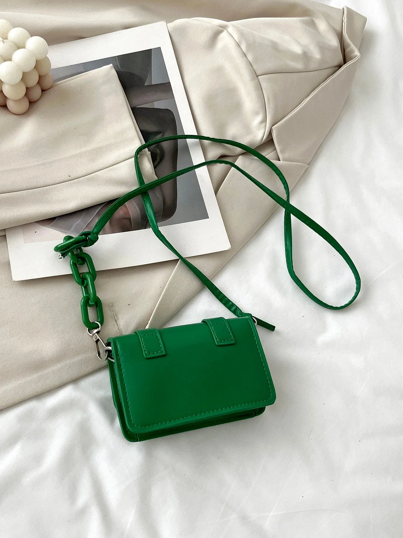 Mini Buckle Detail Stitch Detail Square Bag - Green- FD ⚡