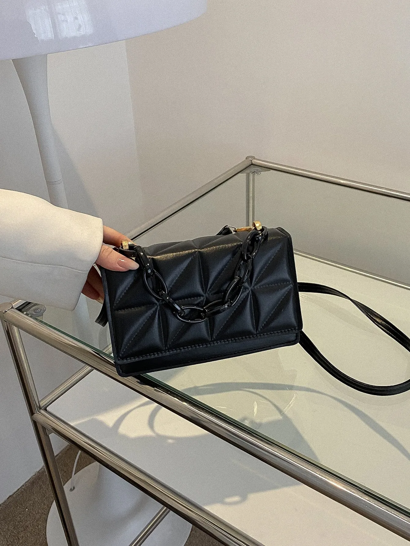 Mini Chain Decor Quilted Flap Square Bag - Black