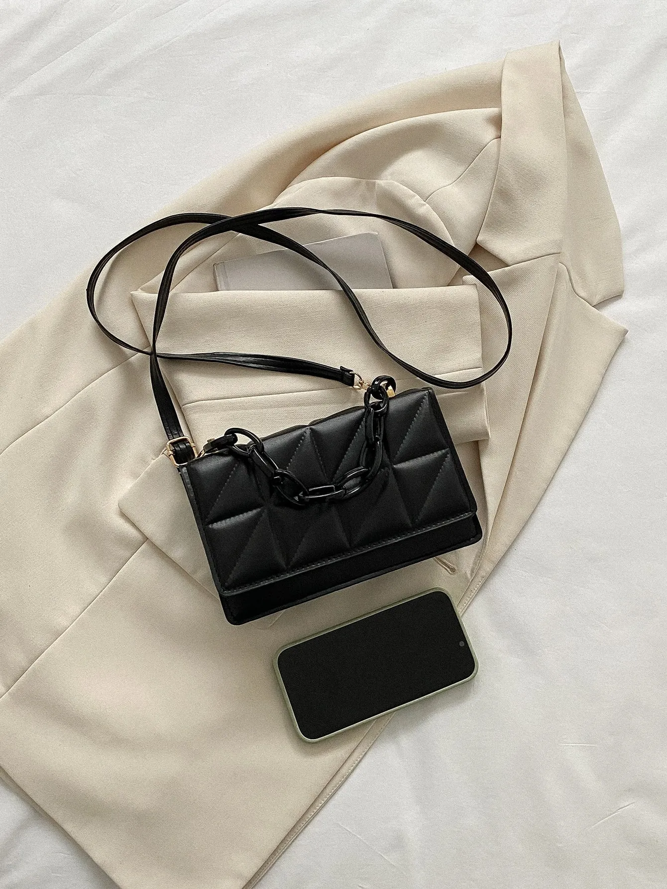 Mini Chain Decor Quilted Flap Square Bag - Black