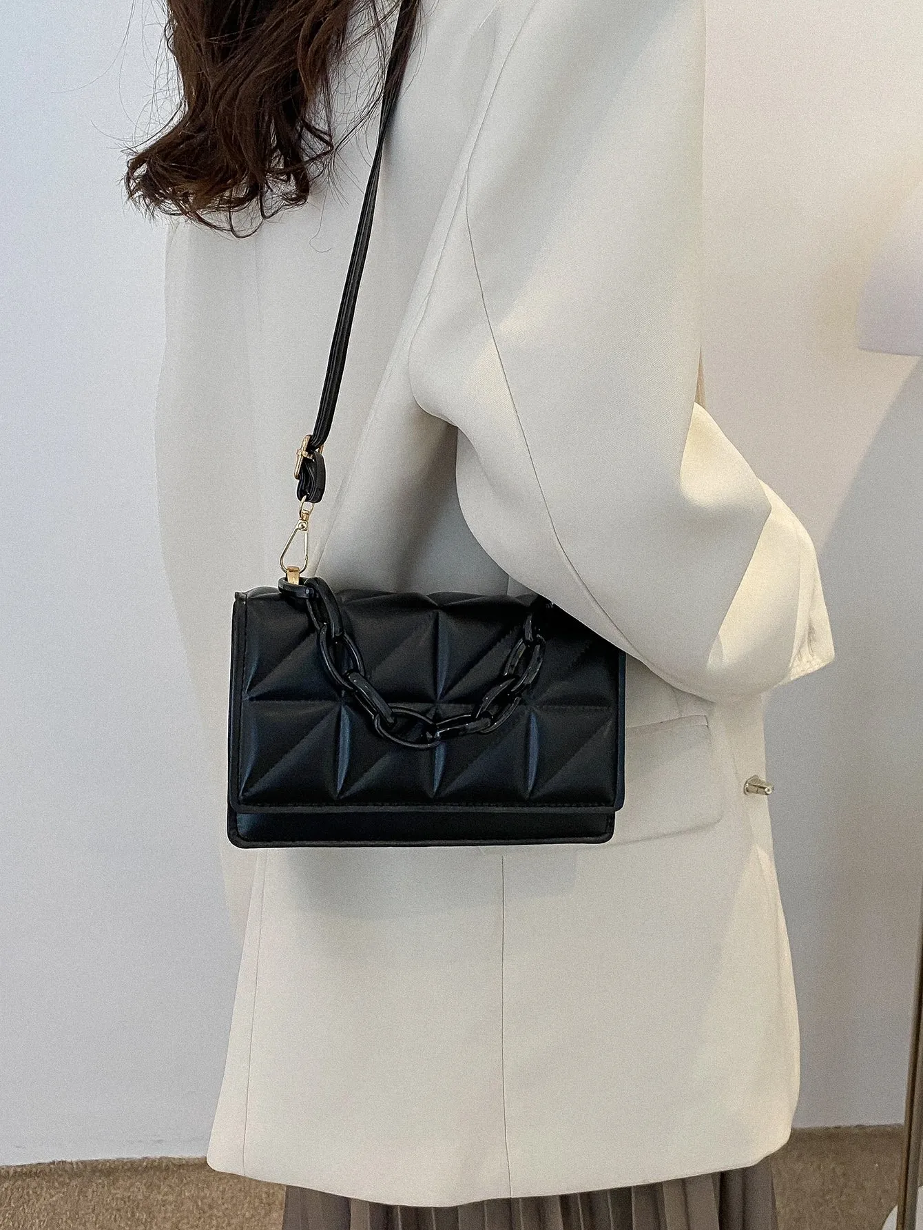 Mini Chain Decor Quilted Flap Square Bag - Black