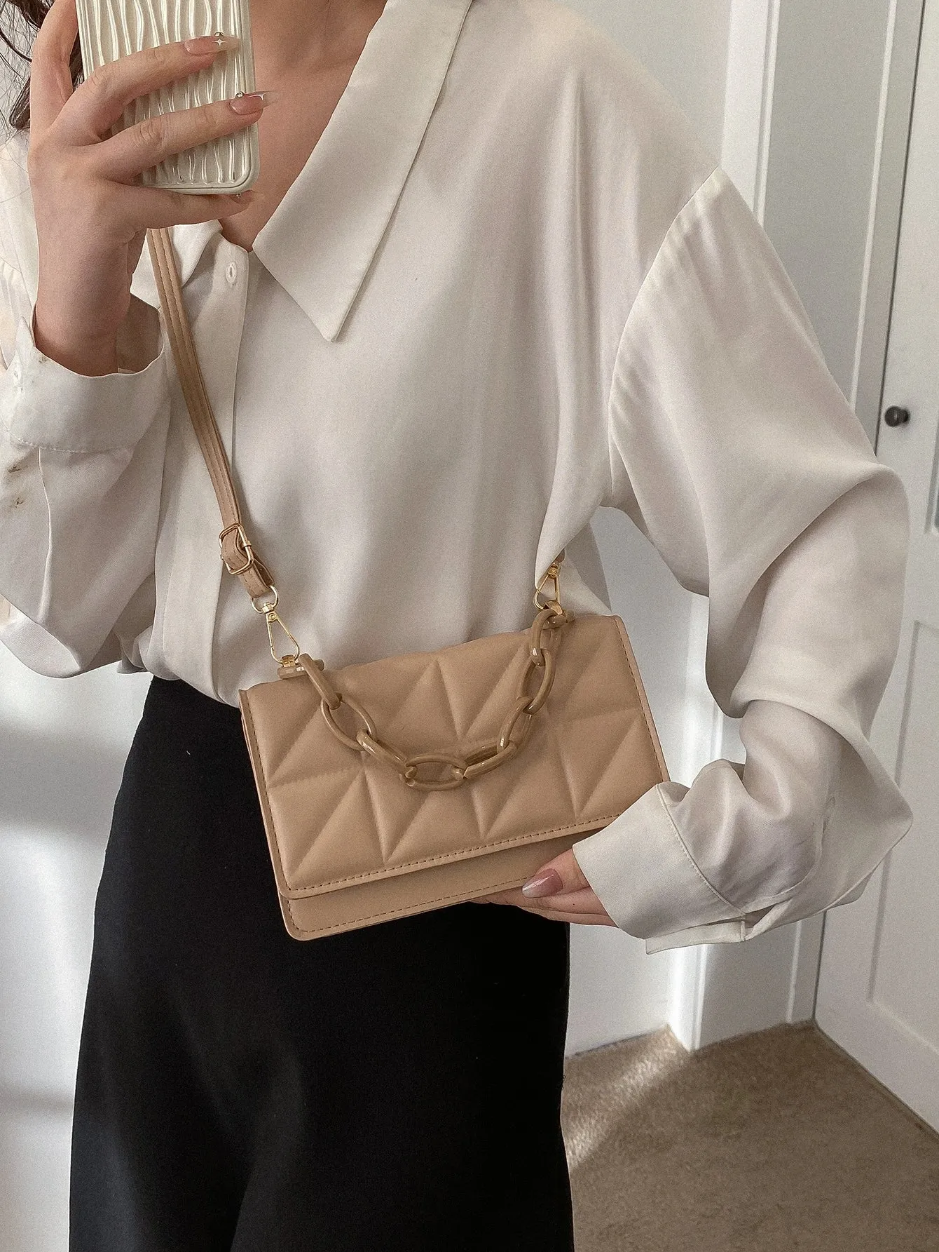Mini Chain Decor Quilted Flap Square Bag - Khaki- FD ⚡