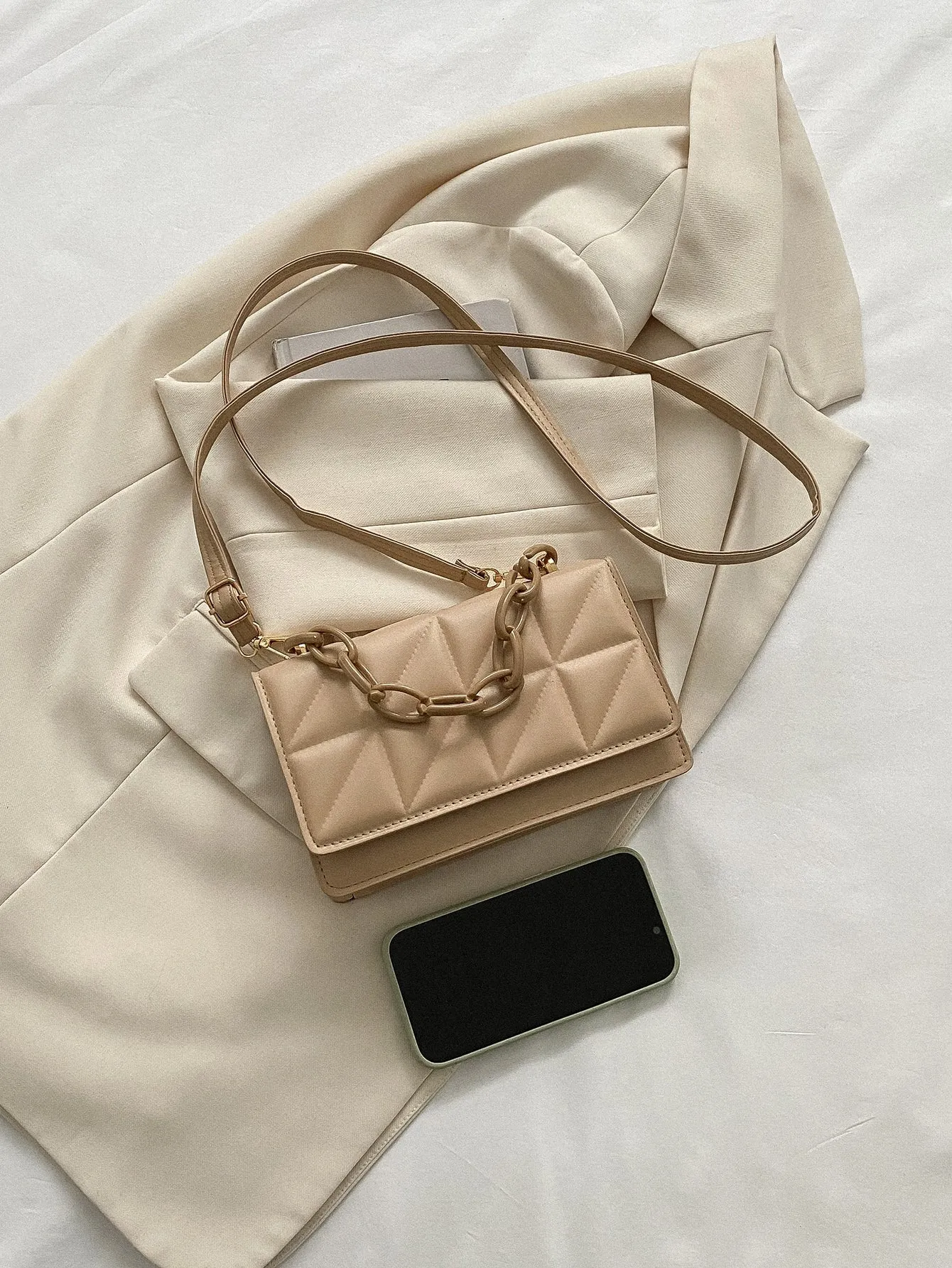 Mini Chain Decor Quilted Flap Square Bag - Khaki- FD ⚡