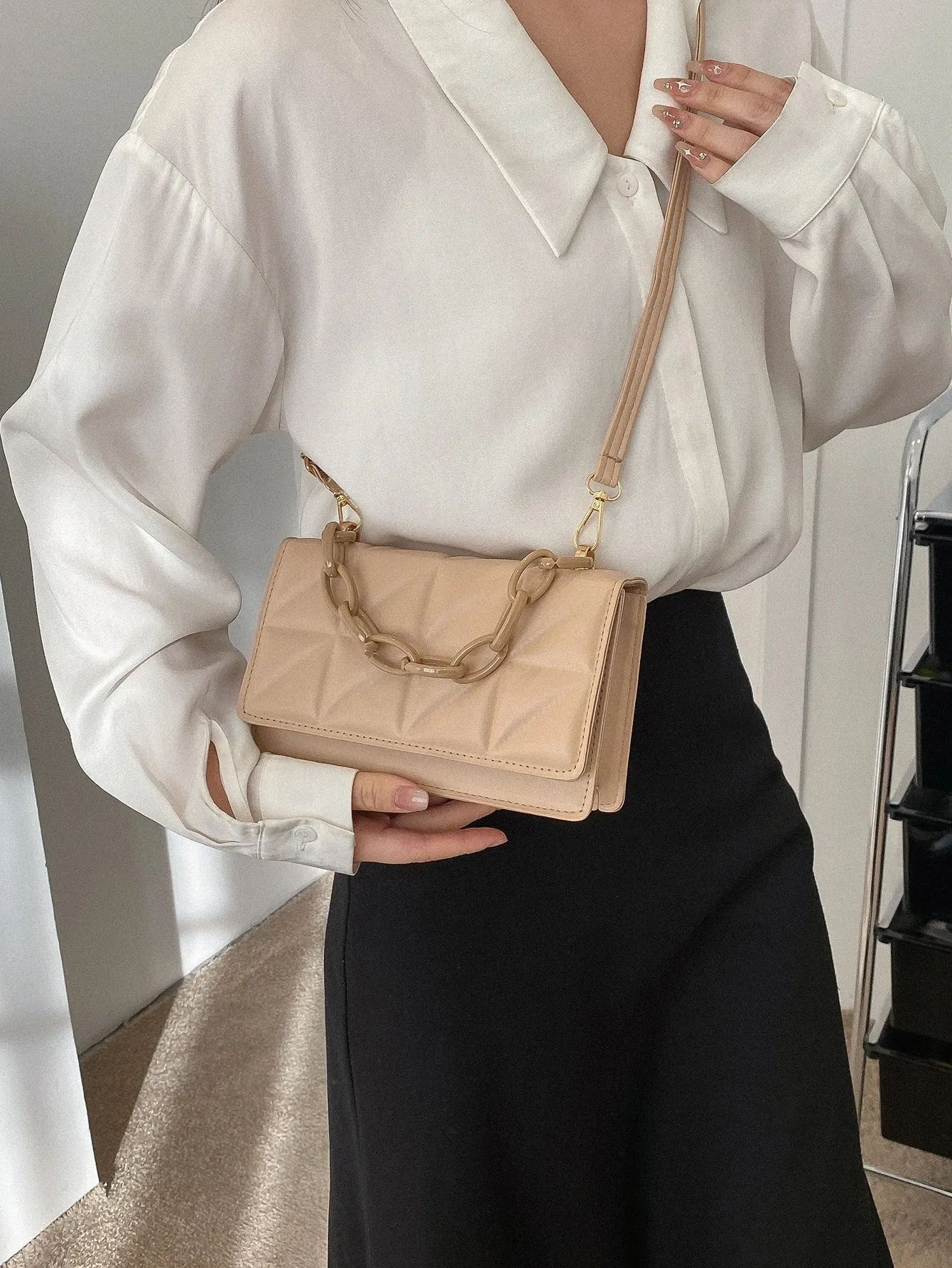 Mini Chain Decor Quilted Flap Square Bag - Khaki- FD ⚡