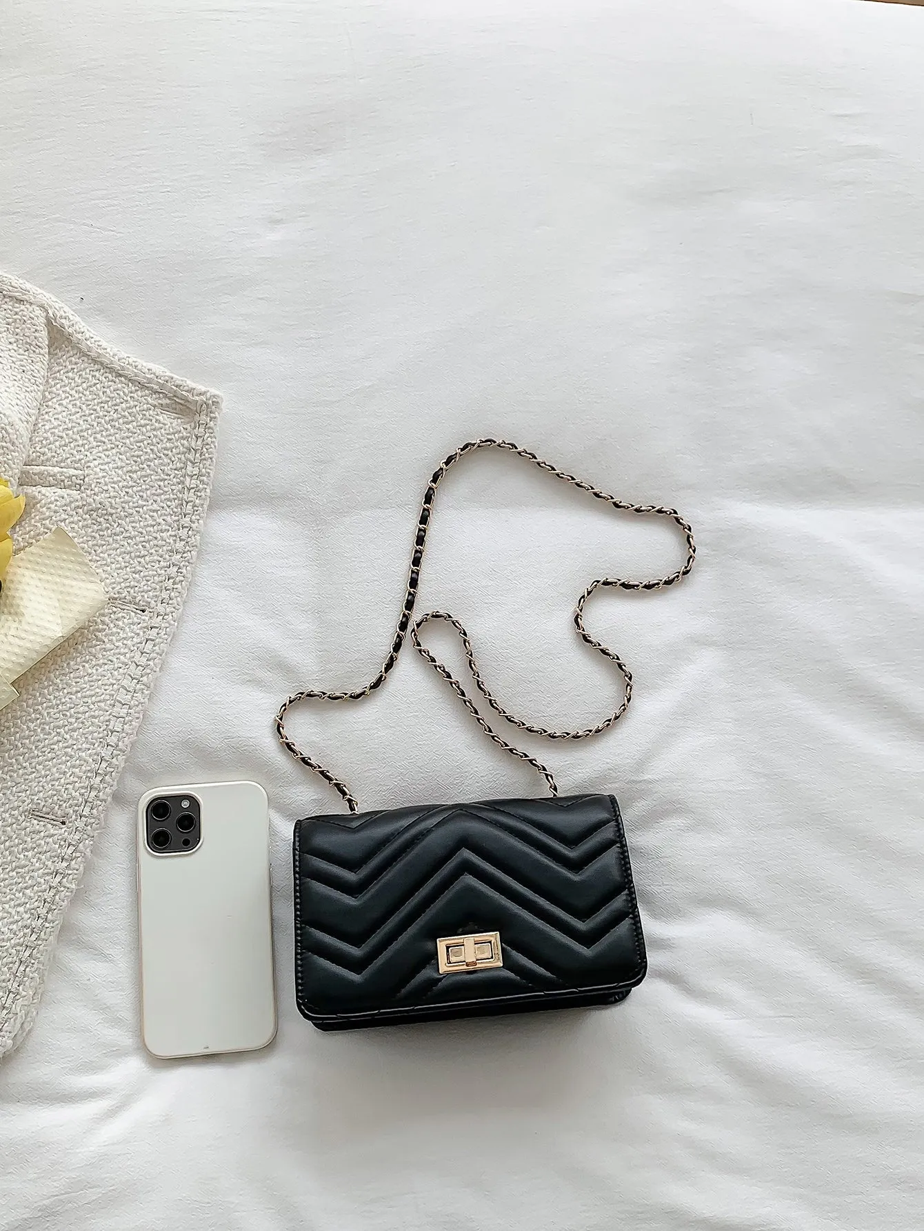 Mini Chevron Quilted Twist Lock Flap Chain Square Bag - Black- FD ⚡