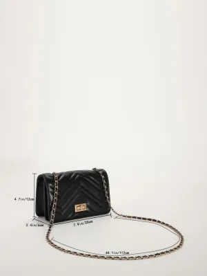 Mini Chevron Quilted Twist Lock Flap Chain Square Bag - Black- FD ⚡