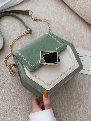 Mini Color-Block Metal Decor Novelty Bag With Chain Strap - Green