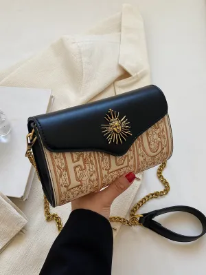 Mini Letter Embroidery Metal Decor Flap Square Bag - Black