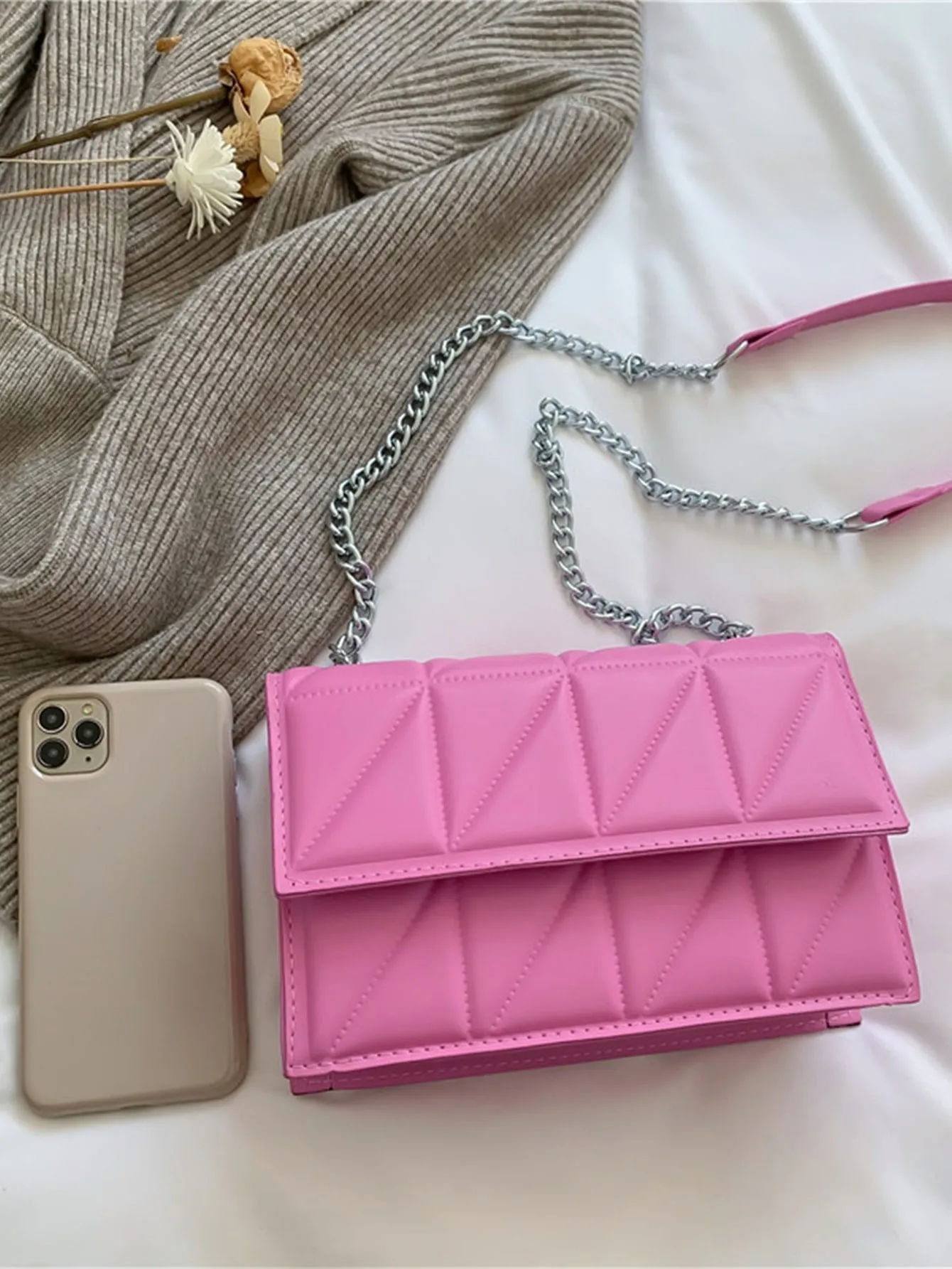 Minimalist Quilted Pattern Flap Square Bag - Pink